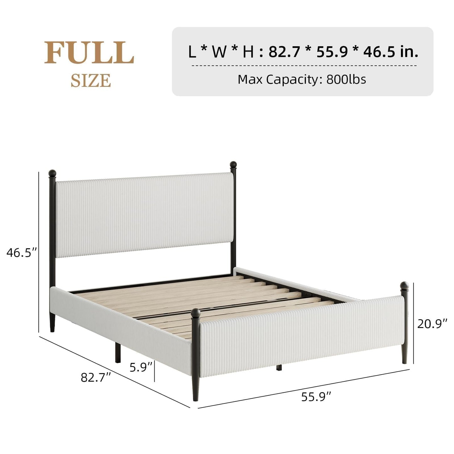 BarnFurin Full Size Bed Frame with Headboard, Upholstered Metal Platform Bed with Corduroy Velvet and Wooden Slats, Sturdy Noise-Free Design, Easy Assembly, No Box Spring Needed, White