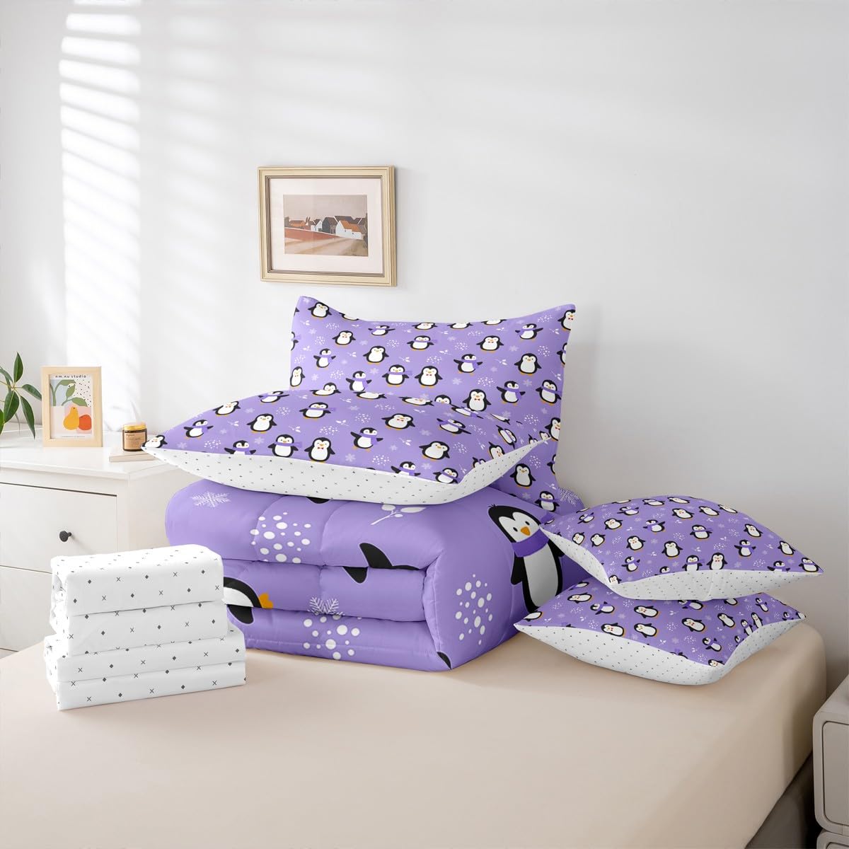 Erosebridal Penguin 7 Piece Bedding Set King Kawaii Kids Comforter Set with Sheets Antarctic Animal Bed in A Bag Cartoon Cute Winter Snowflake Bed Sets