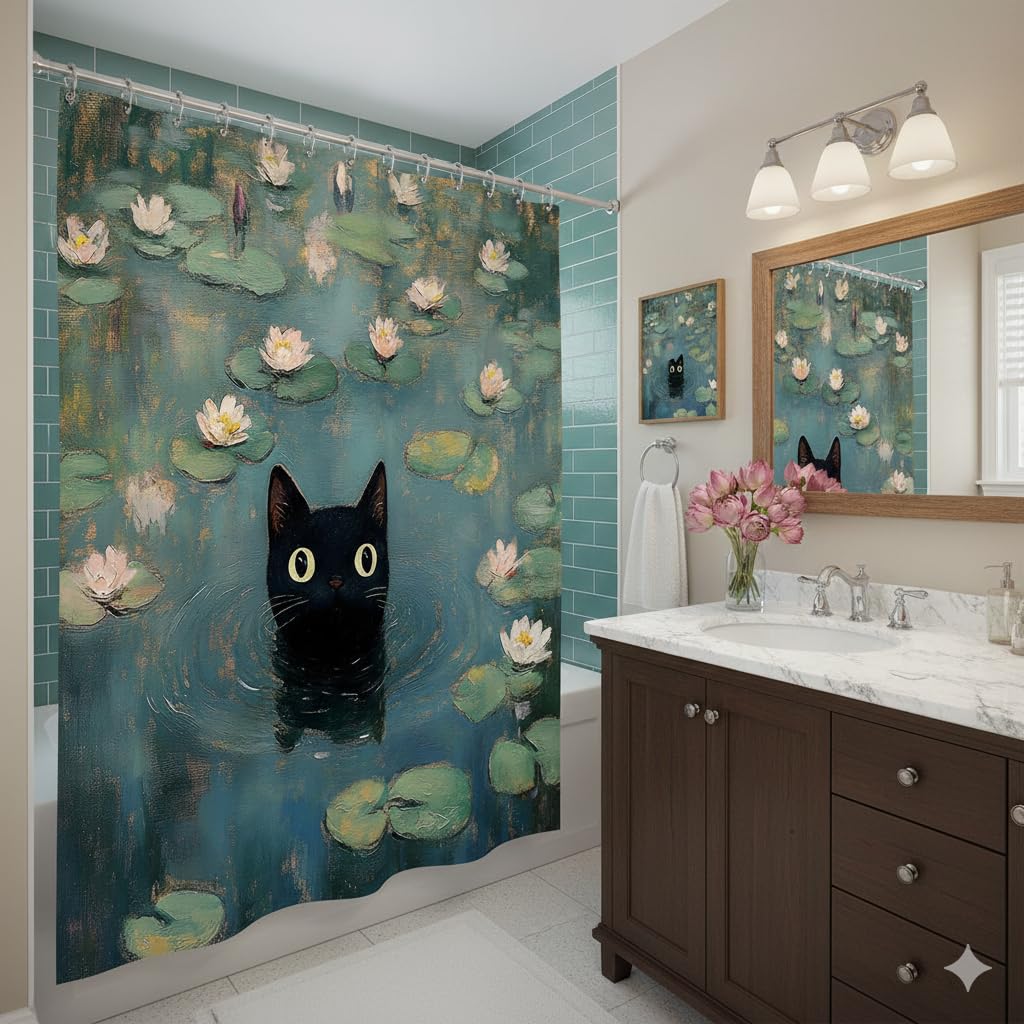 ZFMRZF Black Cat Shower Curtain, Waterlily Pond Oil Painting Style, Cute Kitten Bathroom Decor Polyester Curtains Set with Hooks 70x70 Inch