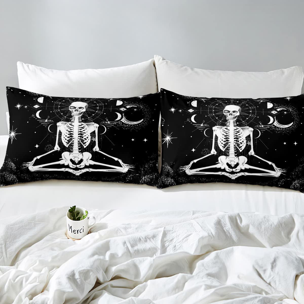 Erosebridal Skull Bed Sheets,Gothic Skeleton Sheet Set Queen Stars Moon Fitted Sheet Moon Phase Sheets Phychedelic Geometric Flat Sheet,Black White Decoratives for Home Bedroom,Super Soft Luxury…