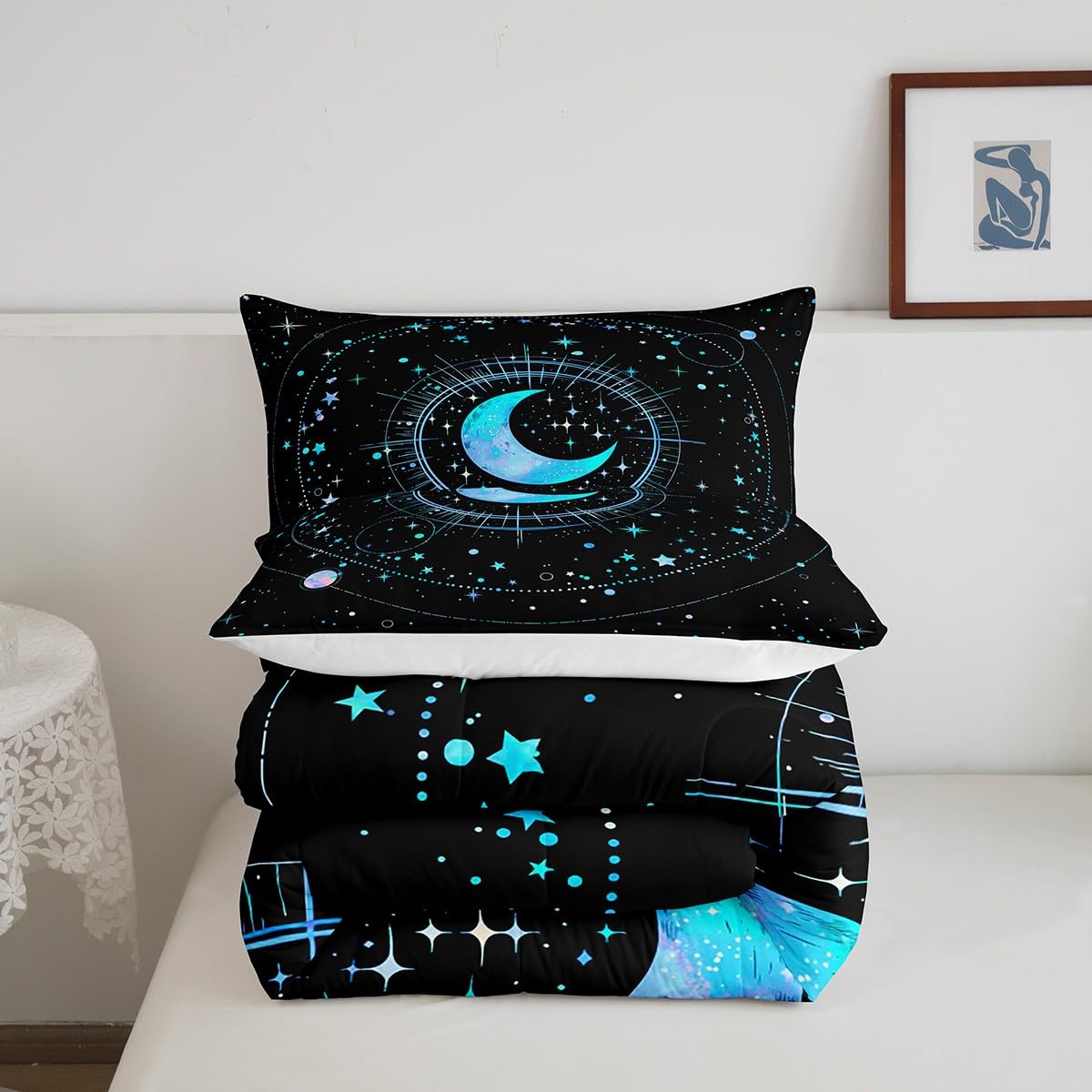 Homewish Stars and Moon Comforter Set,Blue Galaxy Bedding Set for Kids Girls Women,Adults Space Starry Sky Comforter,Constellation Quilted Duvet Set Bedroom Collection Twin Size 2Pcs