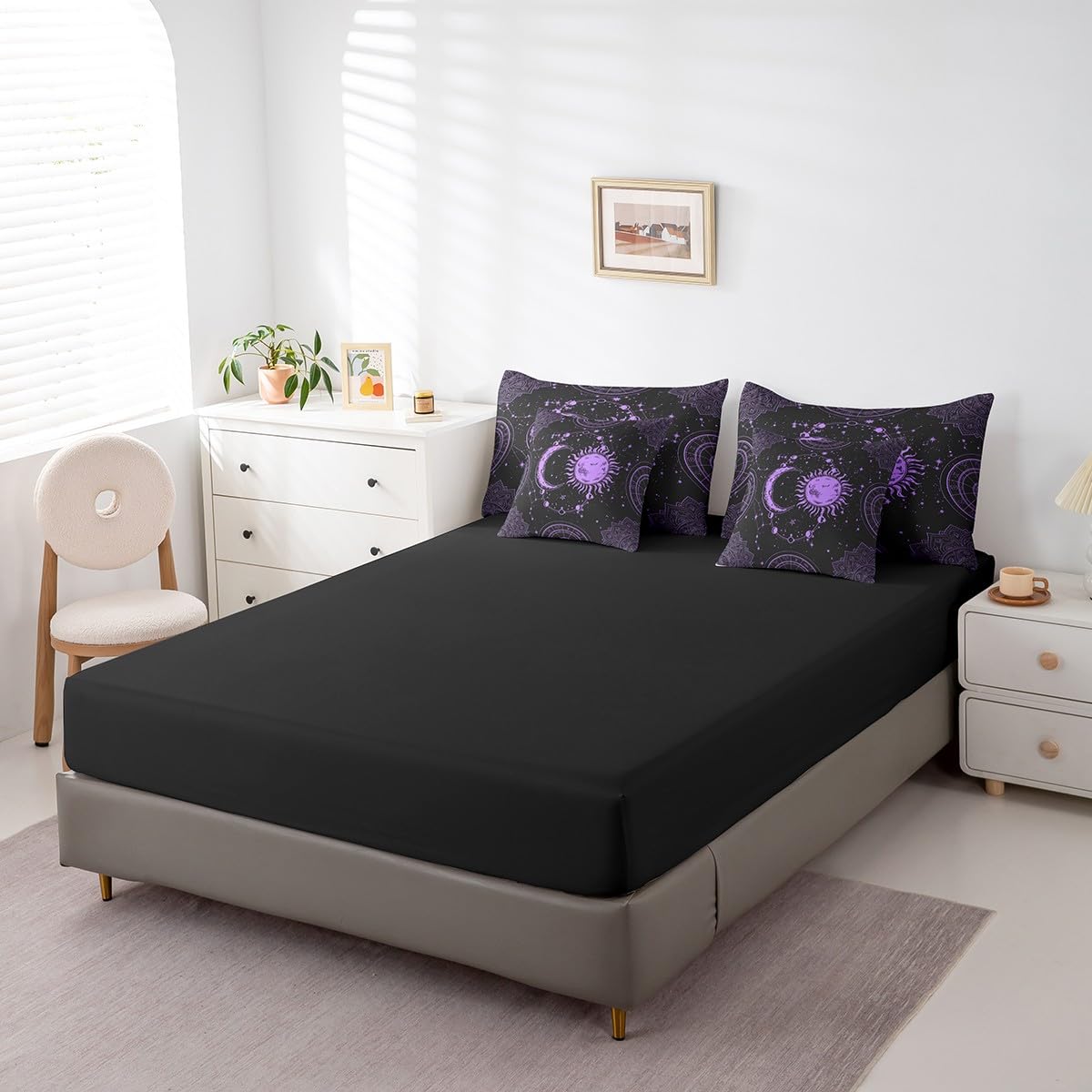 Feelyou Sun and Moon 7 Piece Bedding Set, Constellation Galaxy Comforter Set Cover for Kids Boys Girls Teens Psychedelic Boho Mandala Bedding Set Celestial Puprle Black Queen Size