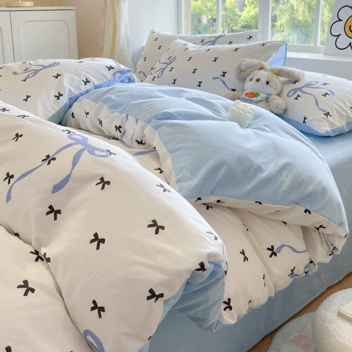 Sedefen Blue Bow Duvet Cover Queen Size Black Bowknot on White Duvet Cover 3 Pieces Kids Boys Girls Cute Bows Printed Princess Style Bedding Set with 2 Pillowcases Soft Microfiber
