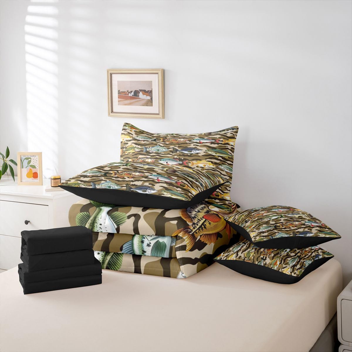 Kids Camo Pike Fish 7-Piece Bed in a Bag Full for Boy Teens Adults | Camo Hunting and Fishing Bedding Set Rural Camouflage Hunting Comforter Set with Sheets Rustic Cabin Country Farmhouse Duvet Insert