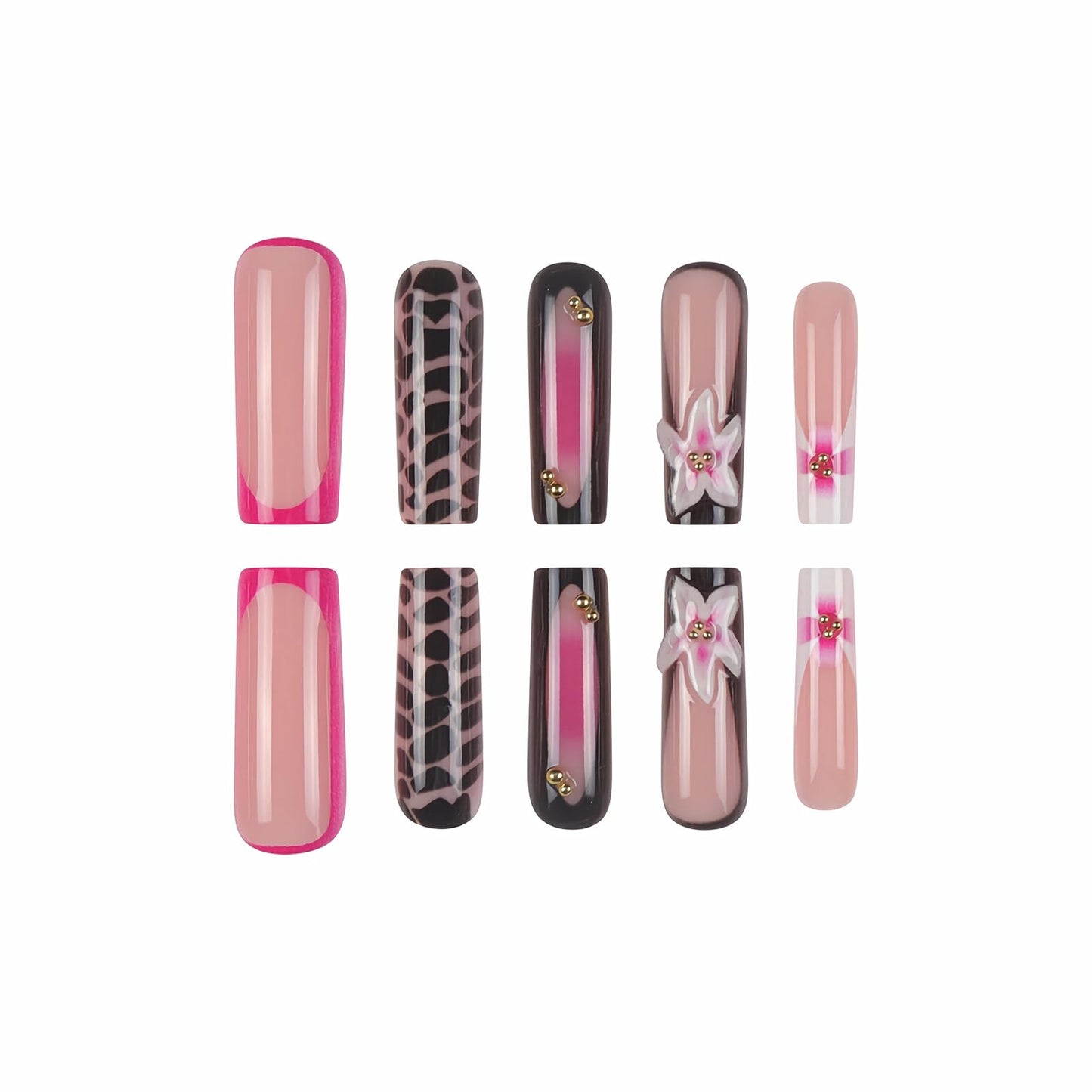 MISUD Press on Nails - Long Square Glue on Nails with Pink Black, Acrylic Handmade Flower Design 24 pcs