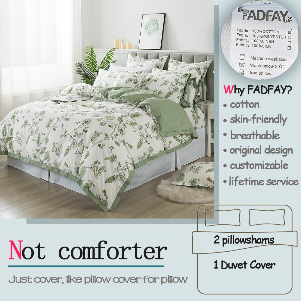 FADFAY Green Duvet Cover Set Full Floral Bedding 100% Cotton Shabby Vintage Reversible Zipper Farmhouse Comforter Cover Flower Print Bed Covers Girls Kids Pretty Bowknot Soft Breathable 3Pcs