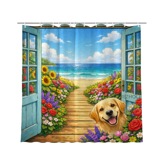 REZHOCH Beach Animal Shower Curtain 72x72Inch,Fun Golden Retriever Ocean View Bathroom Decor,Floral Pathway Seaside Holiday,Spring Summer Coastal Waterproof Fabric Bath Set with Hooks