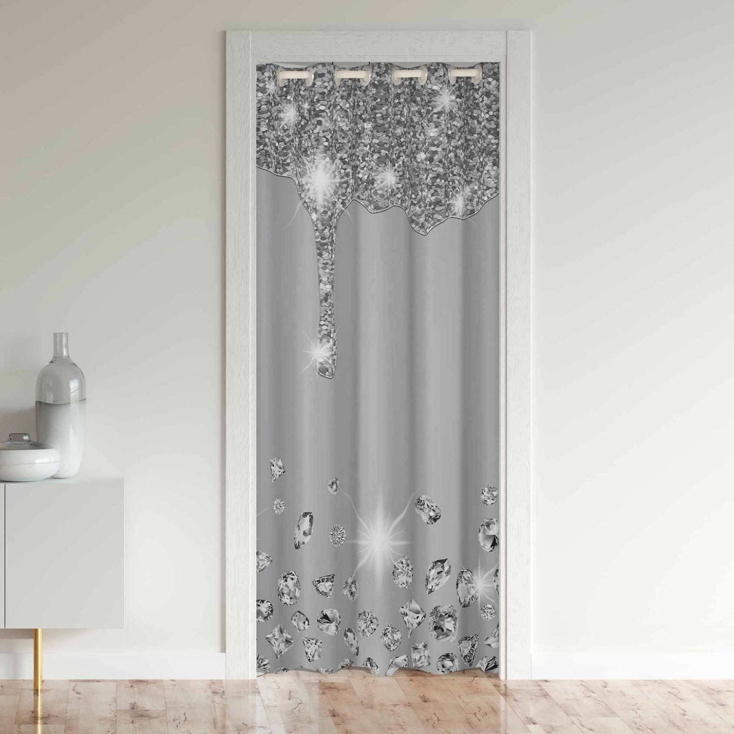 Glitter Print(No Glitter) Door Curtain for Doorway Privacy,Diamond Closet Door Cover Curtain for Bedroom,Silver Shiny 30%-50% Room Darkening Blackout Insulated Thermal Curtain,34x80 Inch 1 Panel