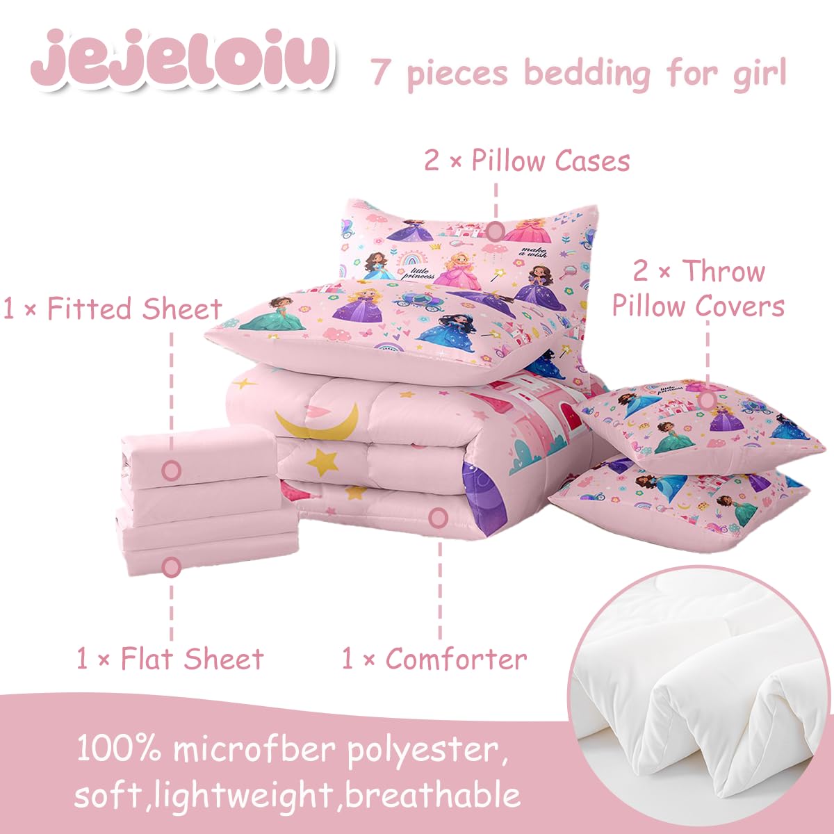 jejeloiu Kids 7 Piece Princess Bedding Set Twin Size Pink Castle Bed Set Includes Comforter, Sheet Set, Pillowcases & Pillow Covers Bedroom Decor Fairy Dreamy Bed in a Bag Breathable Soft