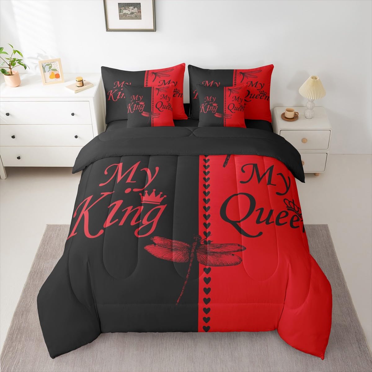 Dragonfly Bed in a Bag Queen Comforter Set 7 Piece | King and Queen Bedding Sets Couples Gifts for Men Women Comforter and Sheet Set, Aesthetic Red and Black Bed Sets,Valentines Day Decorations