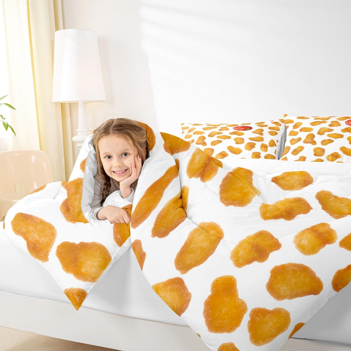 Erosebridal Chicken Nuggets Fried Comforter Set for Kids Boys Girls Teens Adult Food Bedding Set Queen Size Funny Food Down Comforter Men Women Duvet Set Bedroom Decor, Yellow