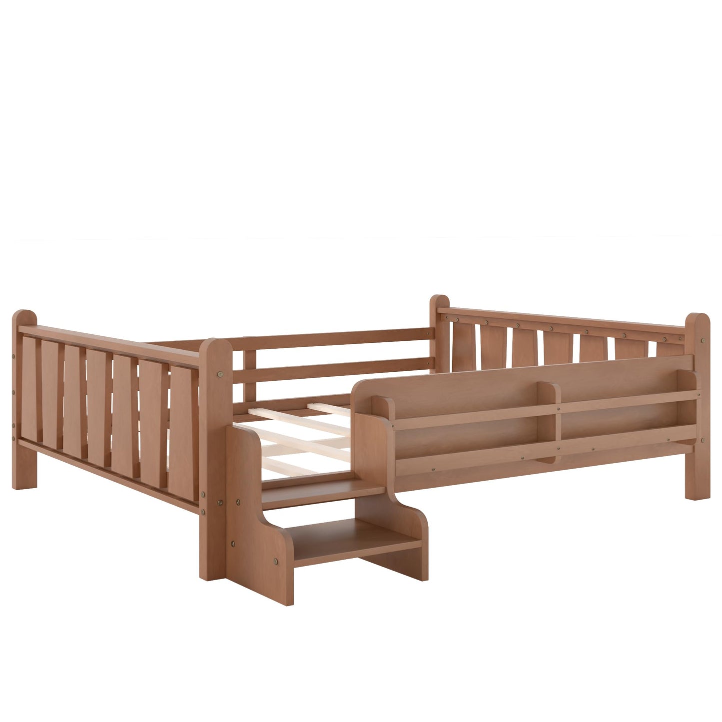 LUMISOL Kids Montessori Bed with Guardrail, Low Profile Bed Frame Full with Storage Shelves, Natural