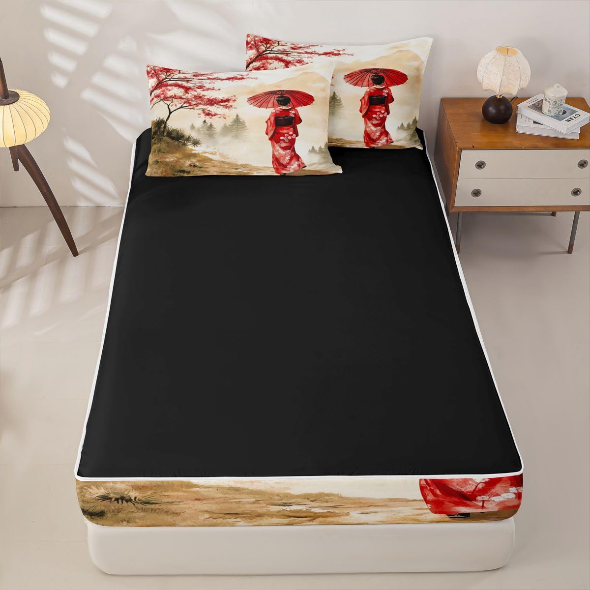Erosebridal Geisha Zip Up Bedding Comforter Sets Twin Size, Japanese Geisha with Umbrella Comforter in One Zipper - Red Cherry Blossoms Bedding Set with Pillowcases