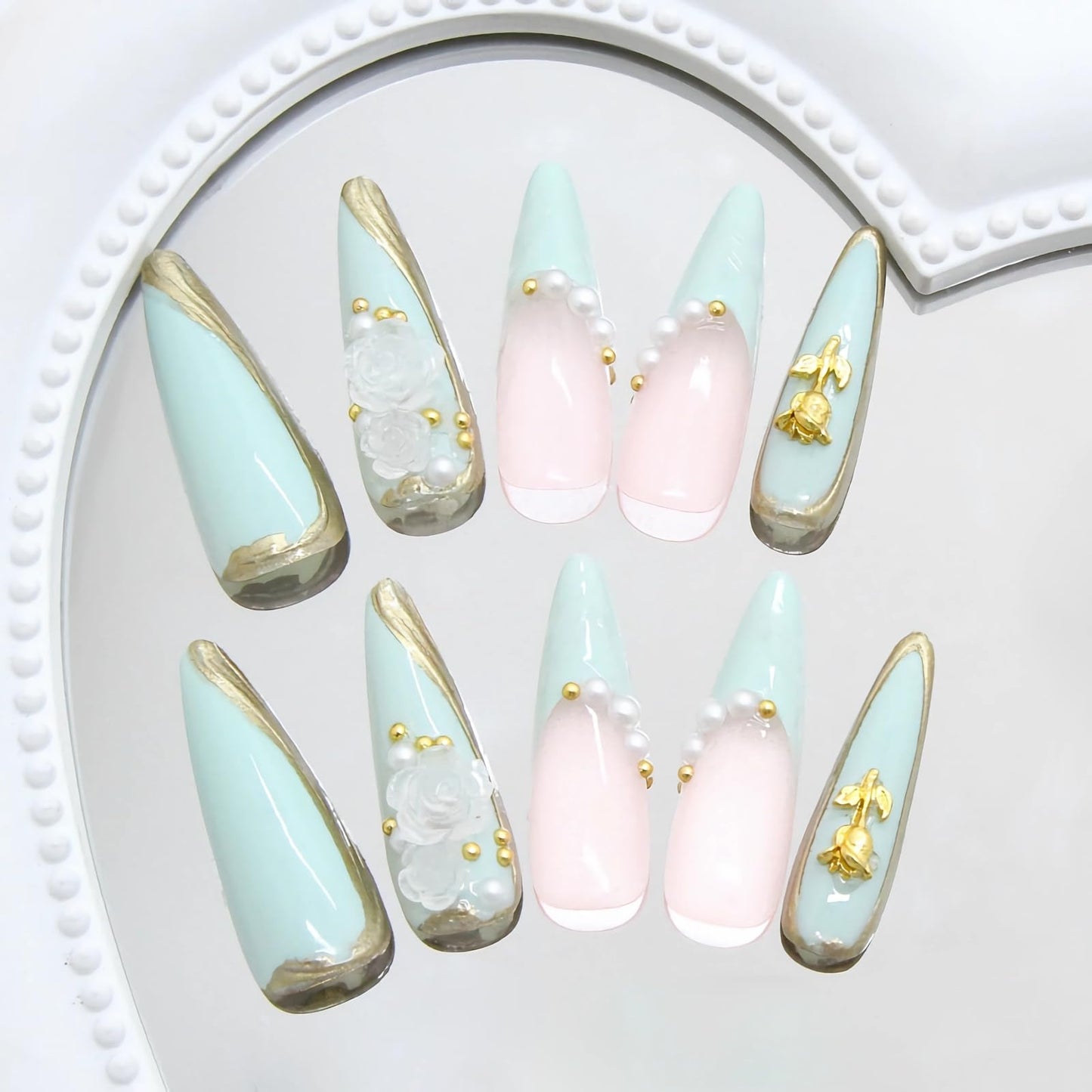 BABALAL Long Stiletto Nails Press on Green Fake Nails French Tip Glue on with Rose Charm Luxury Acrylic False Nails Flower with Design 24Pcs Almond Handmade Stick on for Women Girls