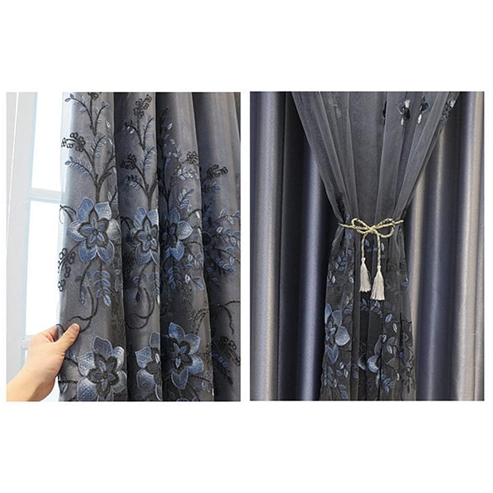 Amidoudou 1 Pair European Double Layer Curtains for Living Room Bedroom Luxury Flower Embroidered Curtains with Valance (Grey,52x95 Inch)