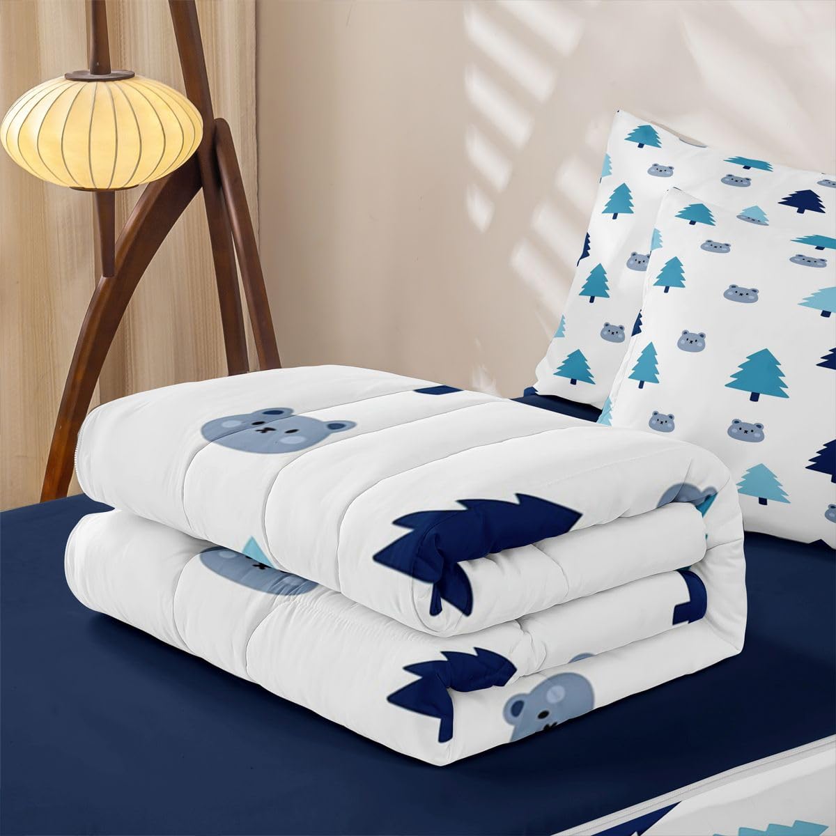 jejeloiu Cute Bear Comforter Set Twin Size Zipper Bedding Set for Girls Boys Tree Pattern Comforter with Fitted Sheet, Pillowcases Blue White Zipper Bedding Soft Breathable Wild Animal Bed in a Bag