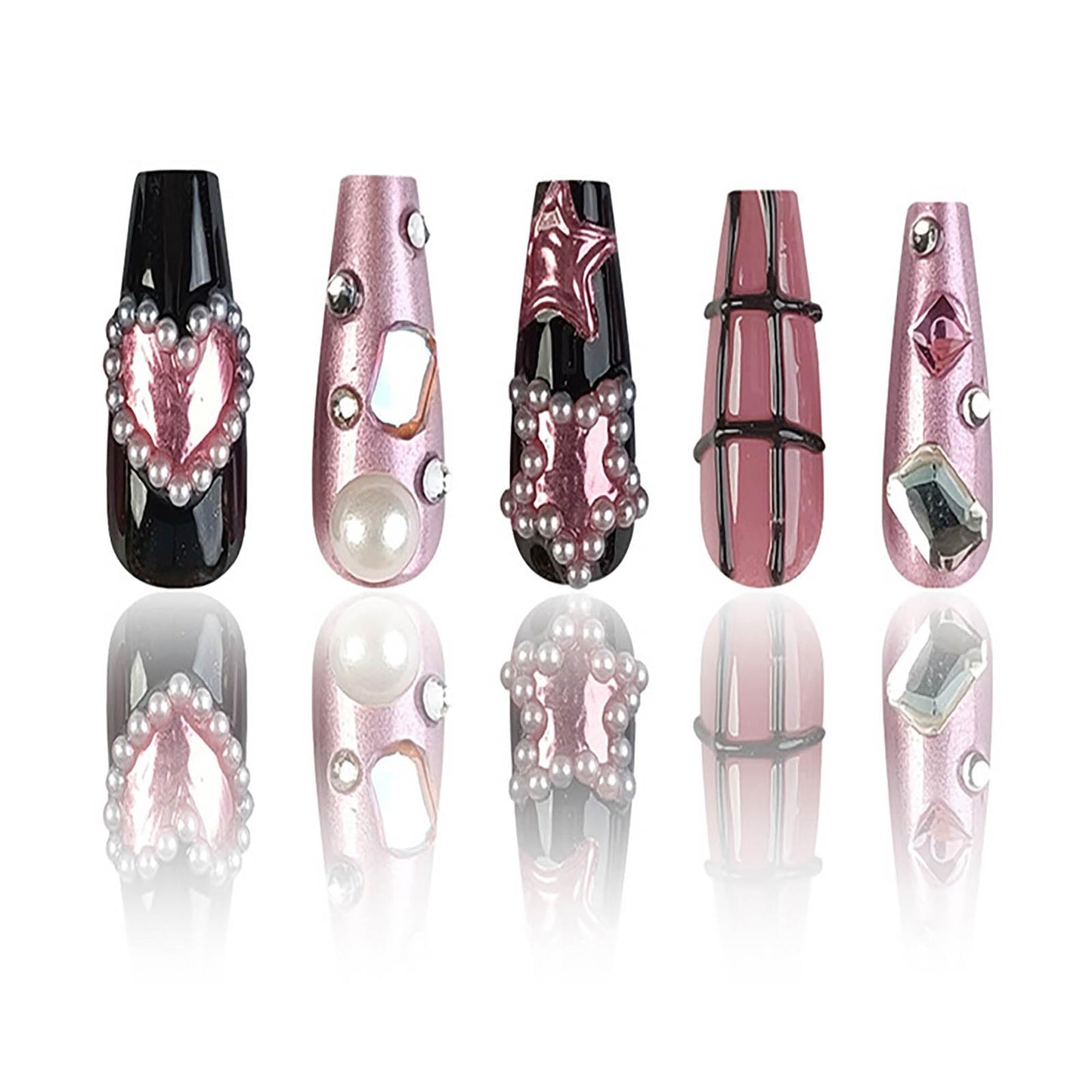 RTKHFZE Press on Nails Medium Square Fake Nails Black Full Cover Acrylic False Nails with Pearl Jewelry and Rhinestones Designs Artificial Press on Stick on Nails for Women Nail Decorations