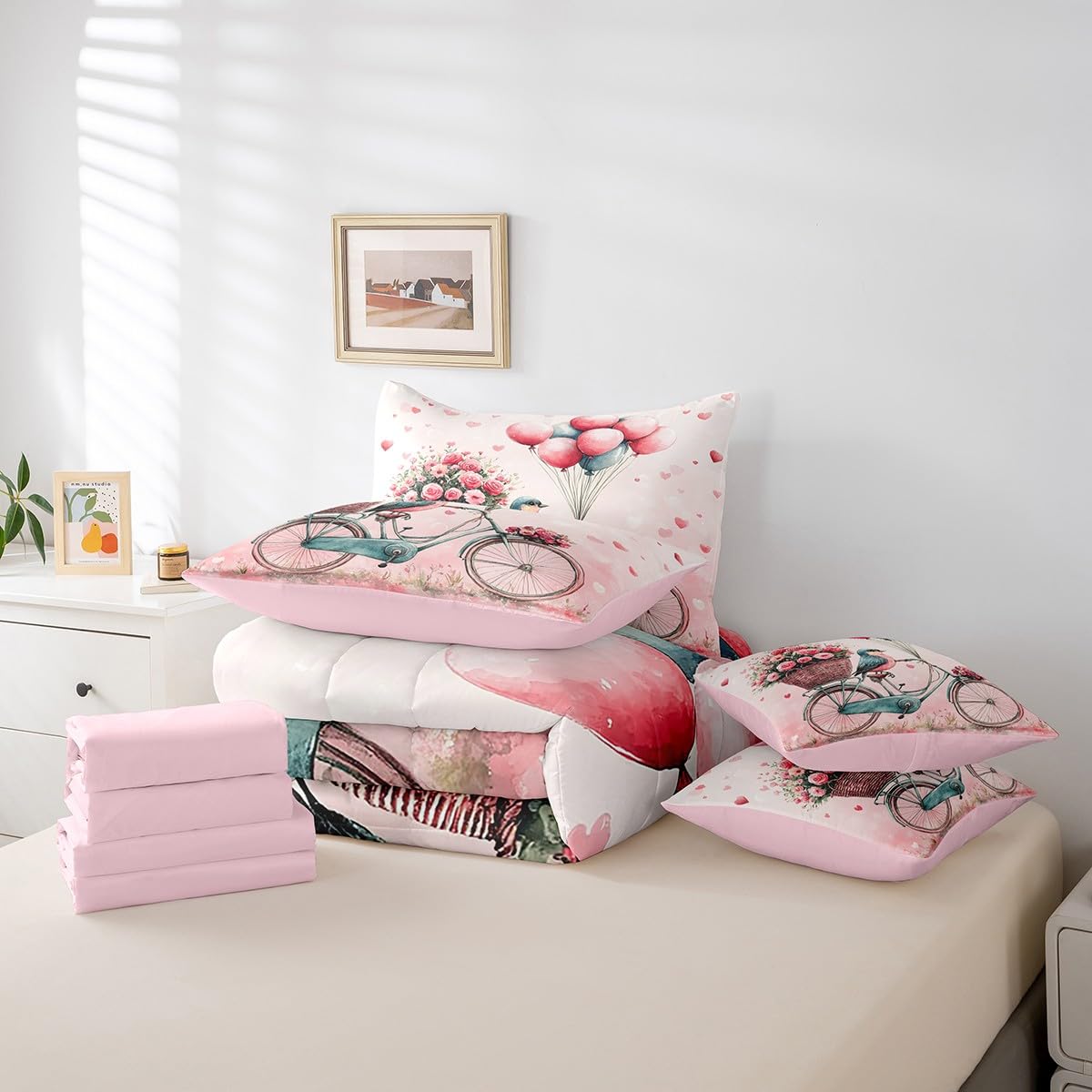 Erosebridal Romantic Valentine's Day Full 7 Piece Bedding Set Cardinal Bicycle Bed in A Bag Pink Roses Balloon Comforter Set for Girls Teen Women,Cute Cartoon Animal Love Heart Bed Set