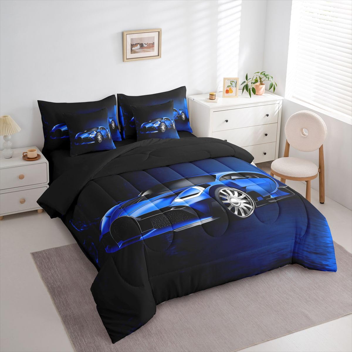 Feelyou Sports Car 7 Piece Bedding Set Blue Race Car Comforter Set with Sheets for Kids Boys Girls Extreme Sports Theme Bed in a Bag Cool Speed Luxury Car Decor Bed Set with 2 Pillowcases Queen