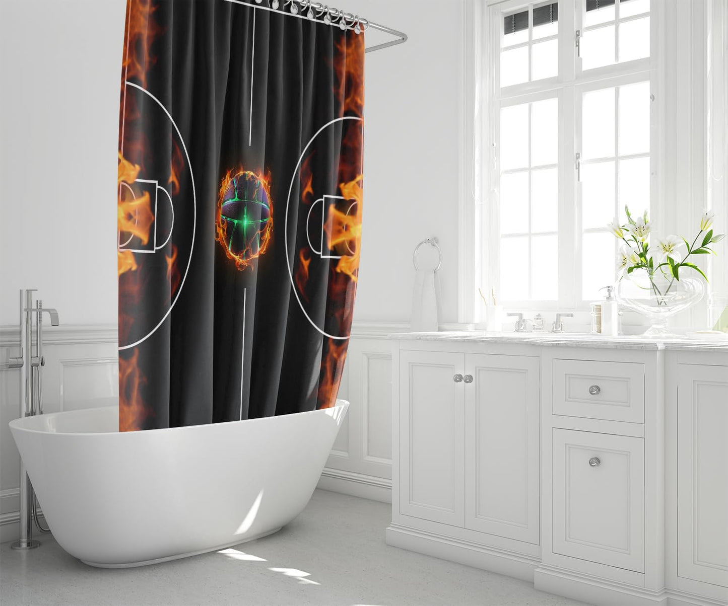 JPSBJWJ 4 Pcs Basketball Court Bathroom Set - Black Basketball Shower Curtain Sets Cartoon Sports Shower Curtain with Rug,Toilet Cover,U Shaped Mat and 12 Hooks