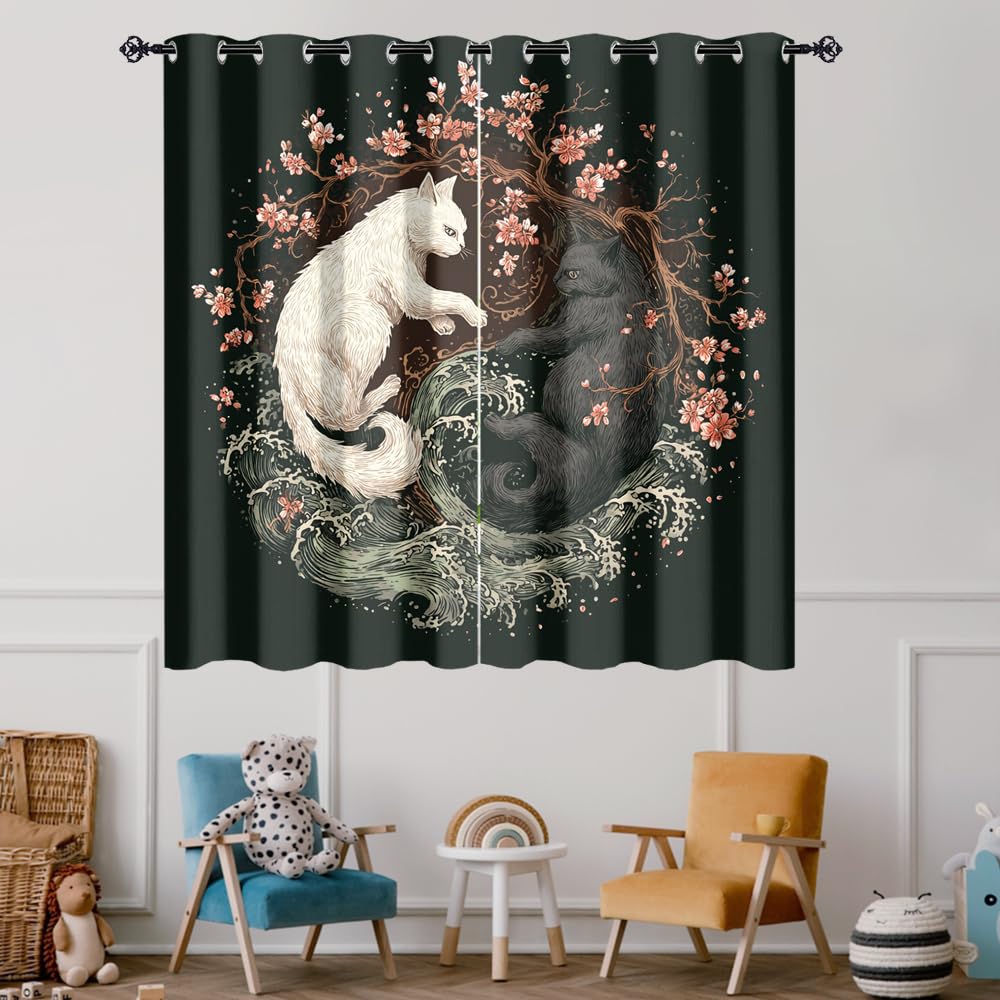XSUPFLYM Beautiful Japanese Yin Yang Cat Privacy Perforated Curtains Retro Anime Cherry Blossom Floral Ocean Waves Animals Curtains Top Grommets Window Treatment 2 Panels.Each 21" W x 54" L