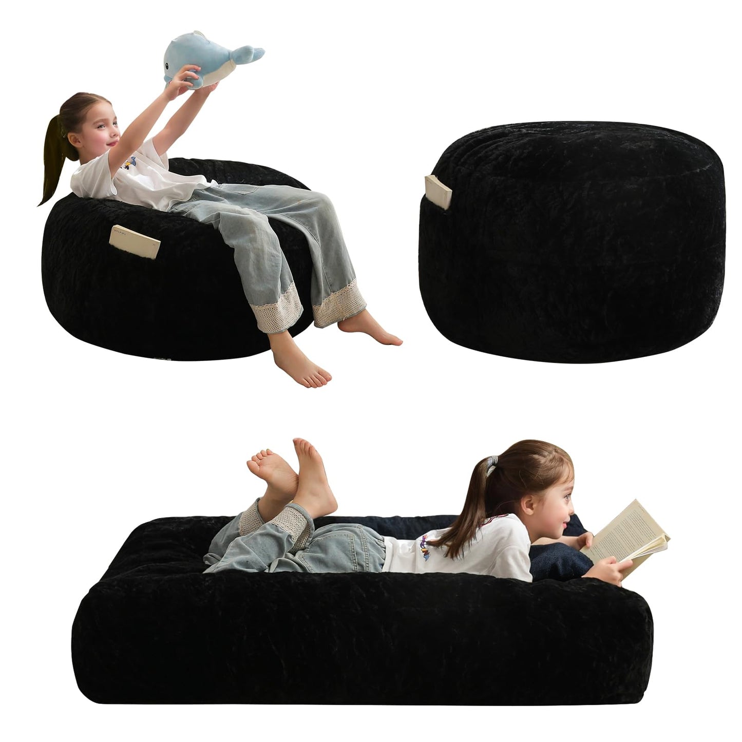 MAXYOYO Bean Bag Chair Bed for Kids, Convertible Bean Bag Folds from Lazy Chair to Floor Bed, Stuffed Floor Sofa Couch Sofa Bed for Boys and Girls, High-Density Foam Filling, Black
