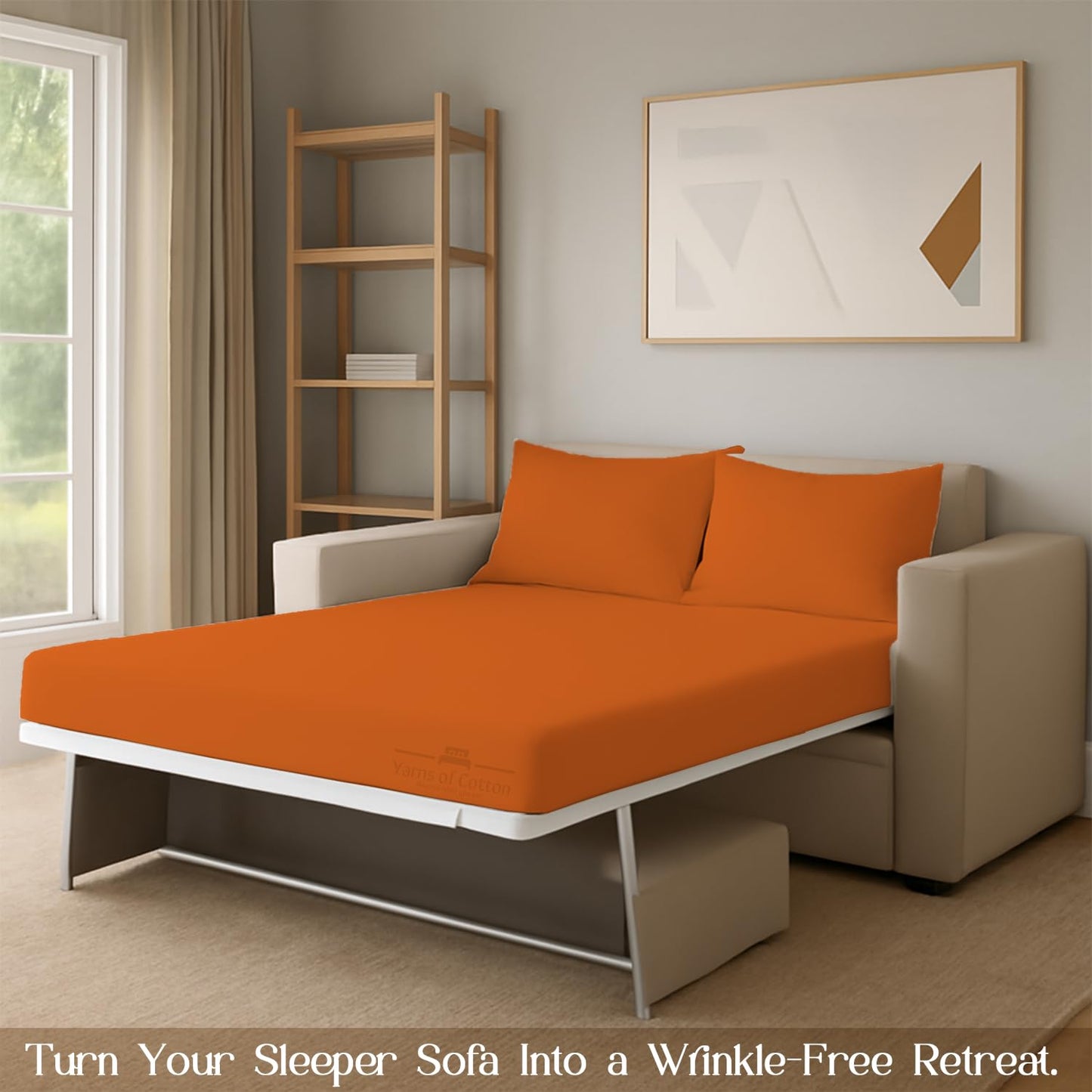 Sleeper Sofa Bed Sheet, 100% Cotton 400 Thread Count, 4 Piece Set, Deep Pocket Fitted Sheet, Soft Wrinkle Free & Breathable, Luxury Hotel Quality, Fits Up to 6 Inch Mattress (Full, Orange)