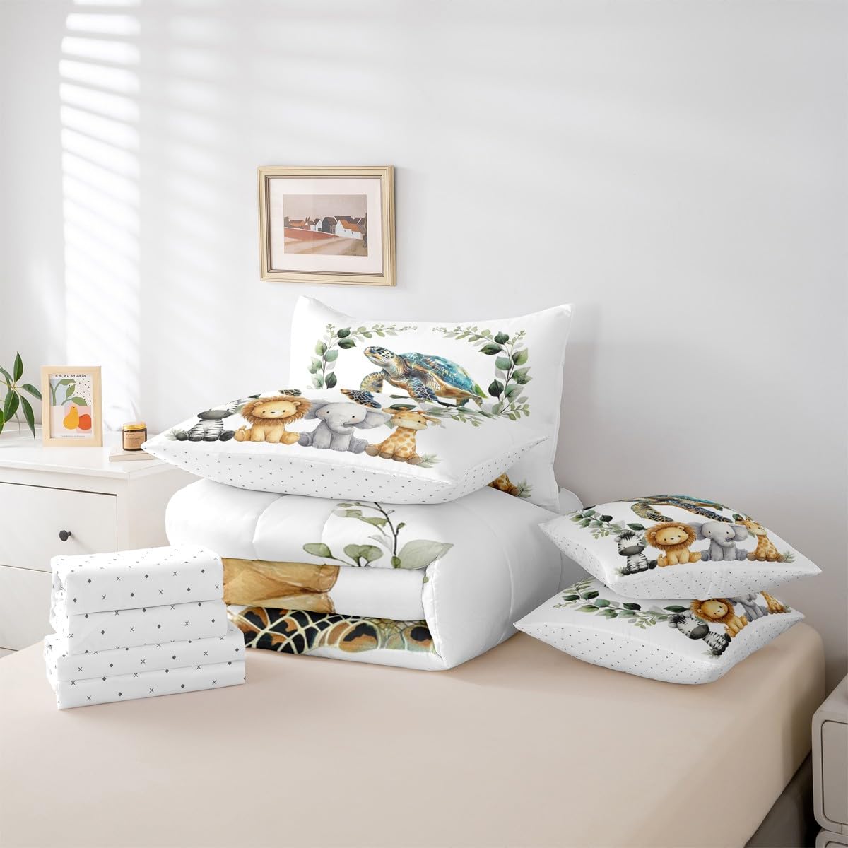 Erosebridal Cute Zoo Animal Twin Size Comforter Set with Sheets Kids | Tortoise Sea Turtle 7-Piece Bedding Set Botanical Eucalyptus Bed in a Bag Cartoon Zebra Lion Elephant Giraffe Bed Quilt Sets
