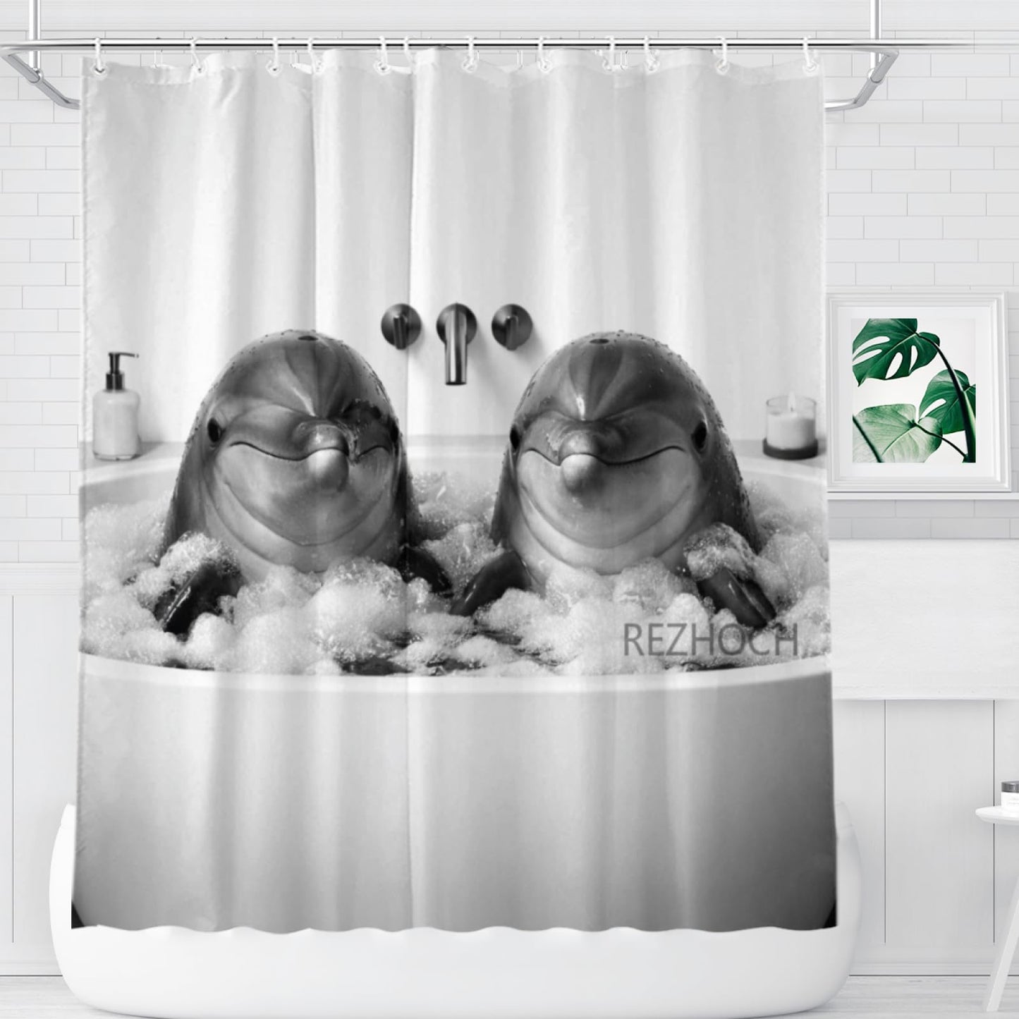 REZHOCH Modern Minimalist Funny Dolphin Shower Curtain 72x72 Inch, Luxury Black and White Cute Animals in Bathtub Bubbles Bathroom Decor,Waterproof Fabric Bath Set with Hooks