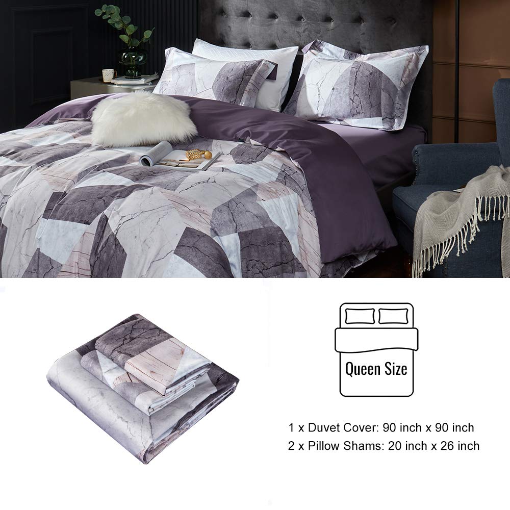 MILDLY 100% Long Staple Cotton Duvet Cover Set, 3pcs Geometric Marble Textured Pattern Printed Comforter Cover Set