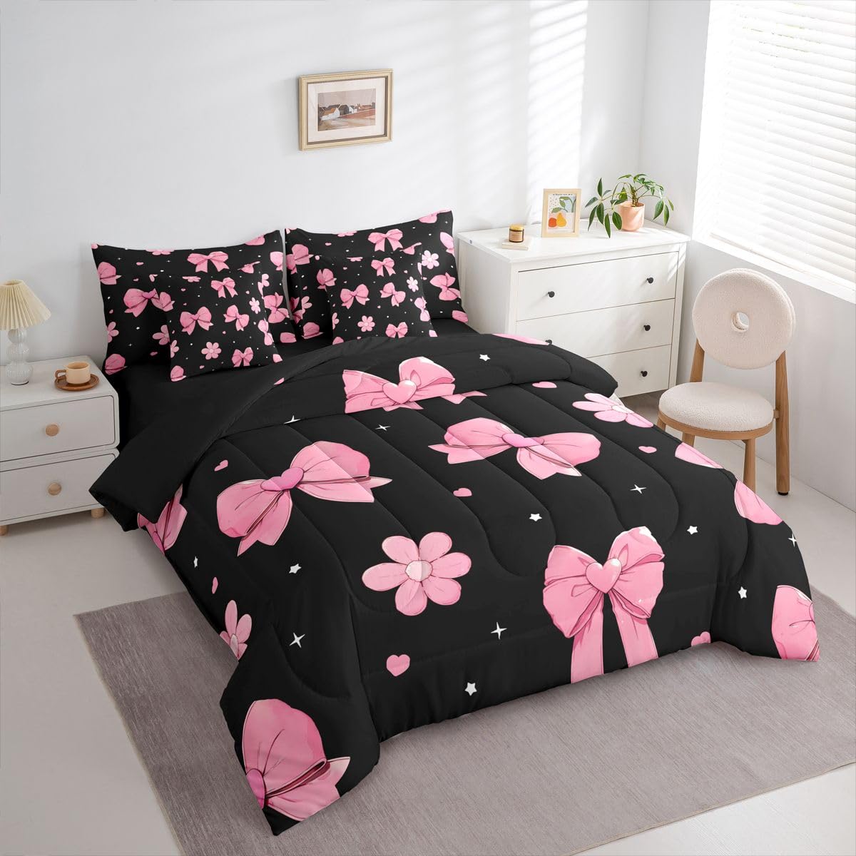 Erosebridal Bowknot 7 Piece Comforter Set King Size Black Pink Bedding Set for Girls Kids Bedroom Pink Bows Comforter Microfiber Bow Heart Pattern Bed in A Bag with Sheets Flower Bed Set