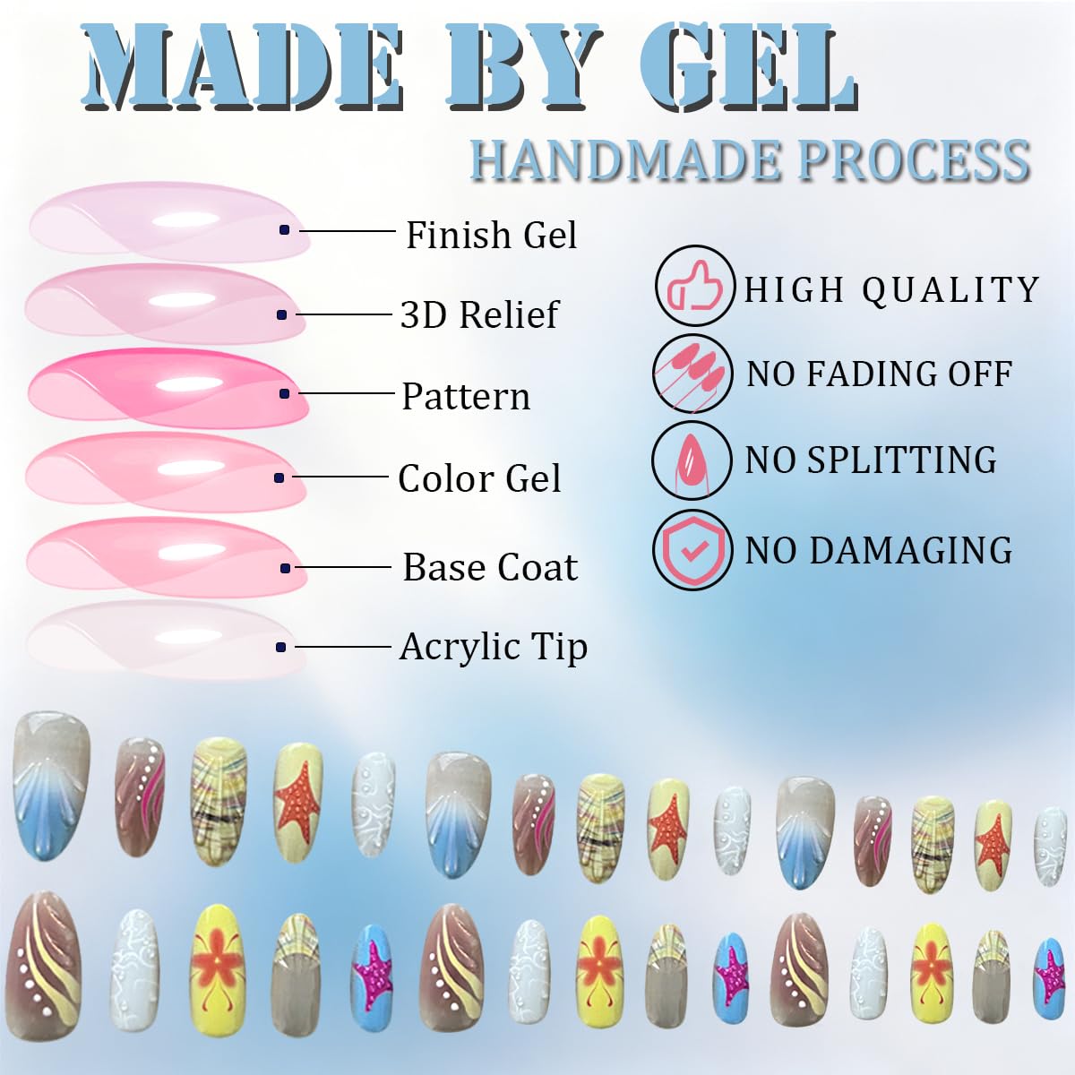 3D Press On Nails Almond Medium Fake Nails with Cat's Eye Embossed Starfish&Lines Summer Beach Designs, Acrylic Artificial Nail Press ons False Stick On Nails for Women Girls 30Pcs