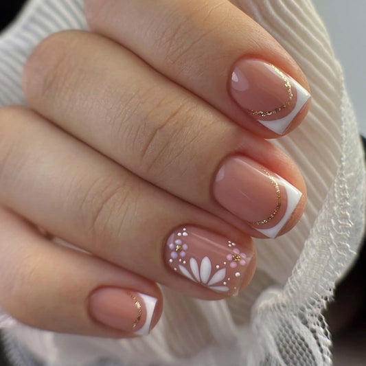 Square Press On Nails Short – Nude Pink French Tips with White Floral Design, 24PCS Thick Acrylic Fake Nails Kit, Glossy Reusable Stick On Nails with Glue & Tools for Women, Elegant DIY Manicure