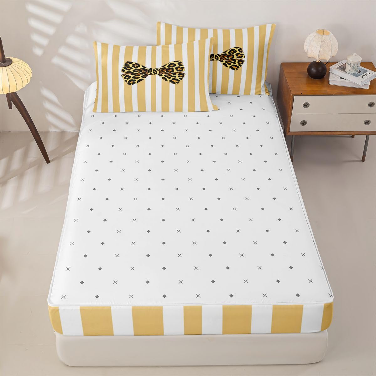 jejeloiu Girls Bow Comforter Set Twin Size Zipper Bedding Set for Girls Boys Brown Leopard Bowknot Comforter with Fitted Sheet, Pillowcases Yellow White Stripes Zipper Bedding Soft Bed in a Bag