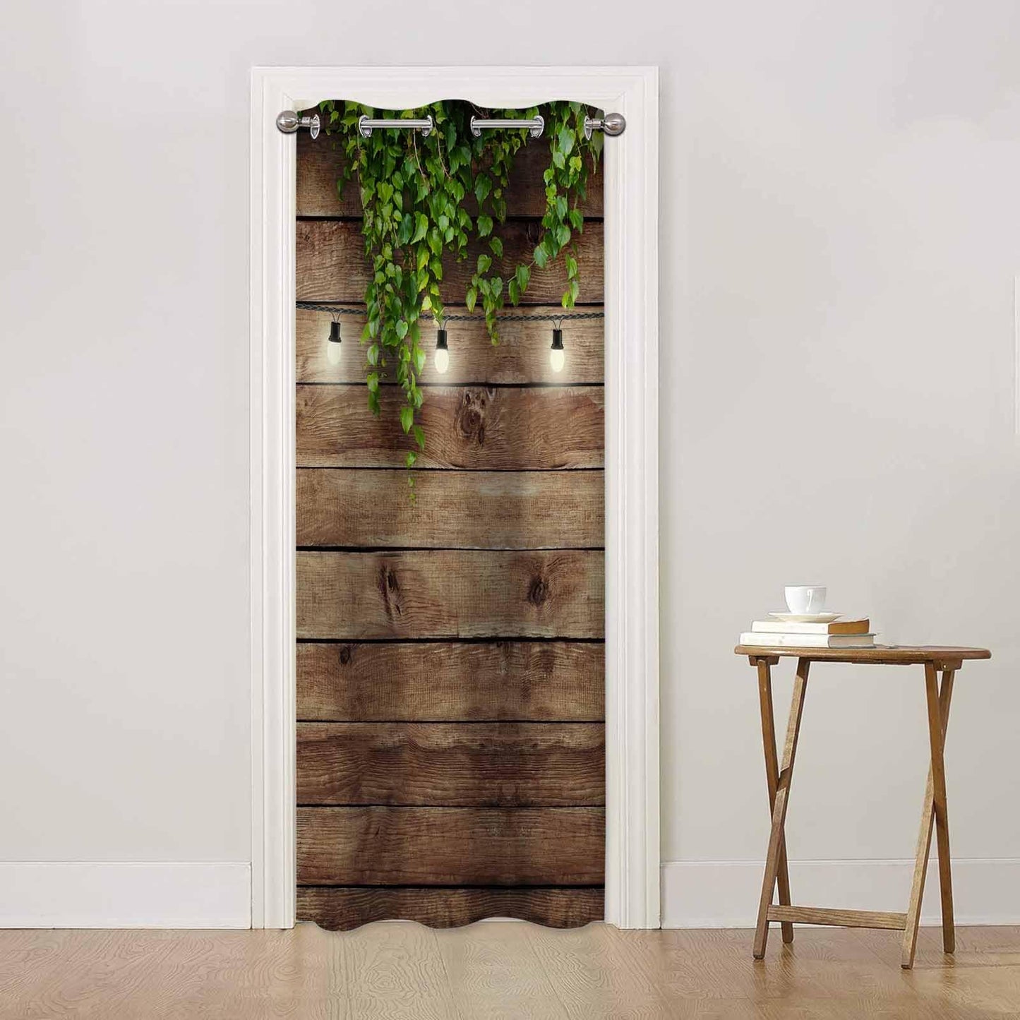 Haciadan Wooden Board Door Curtain Garland Lamps Green Leaves Doorway Curtain Blackout for Bedroom Living Room,34x80 Inch 1 Panel