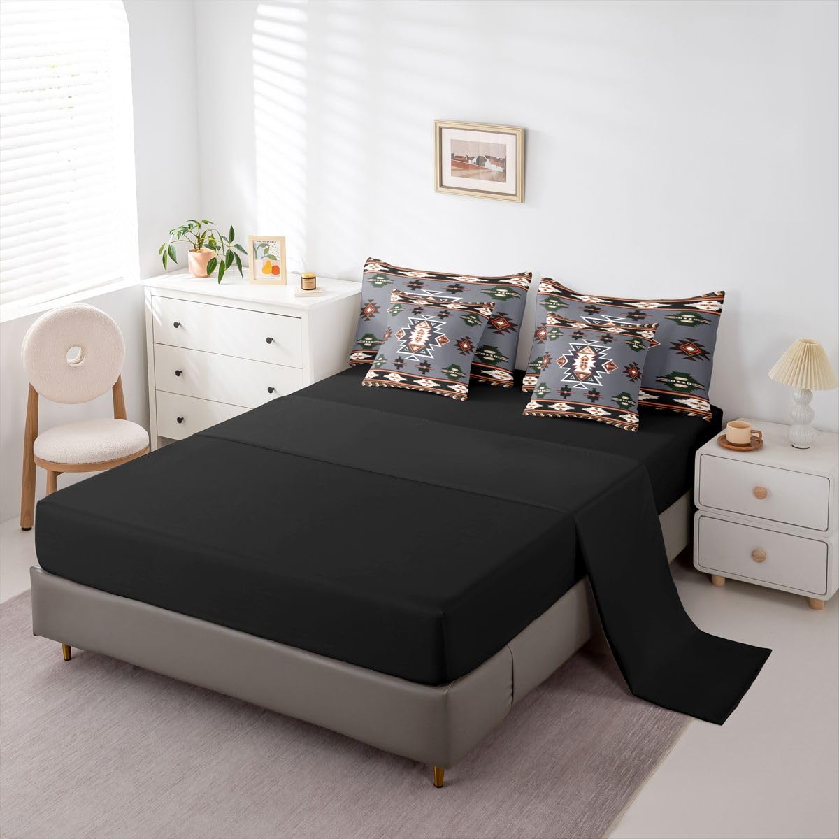 Erosebridal Western Comforter Set 7 Piece Bed in a Bag Twin | Bohemian Decor Geometric Bedding Sets Boho Aztec Comforter and Sheet Set, Ethnic Tribal Arrow Bed Sets,Grey