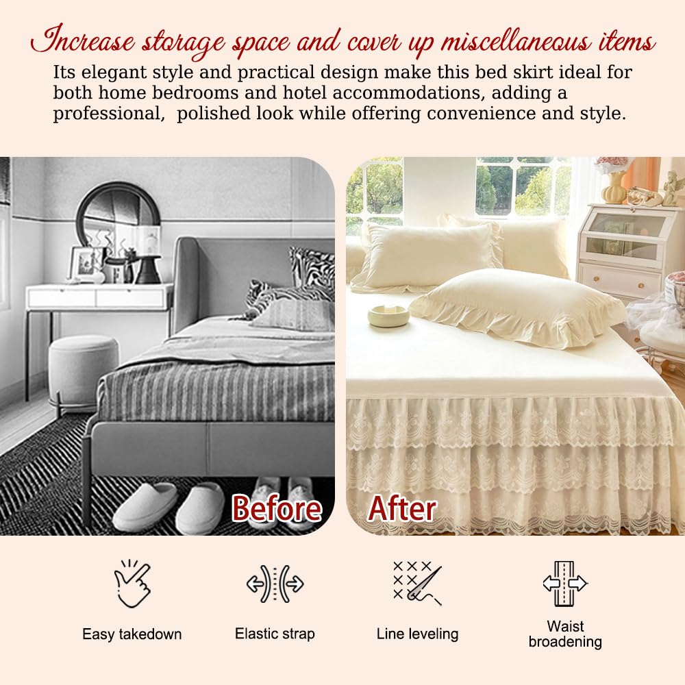 Three Layers Lace Bed Sheet Skirt for Queen Bed - 17in. Drop, Ruffle Bed Skirt Wrap Around Bed Skirt, Anti Wrinkle