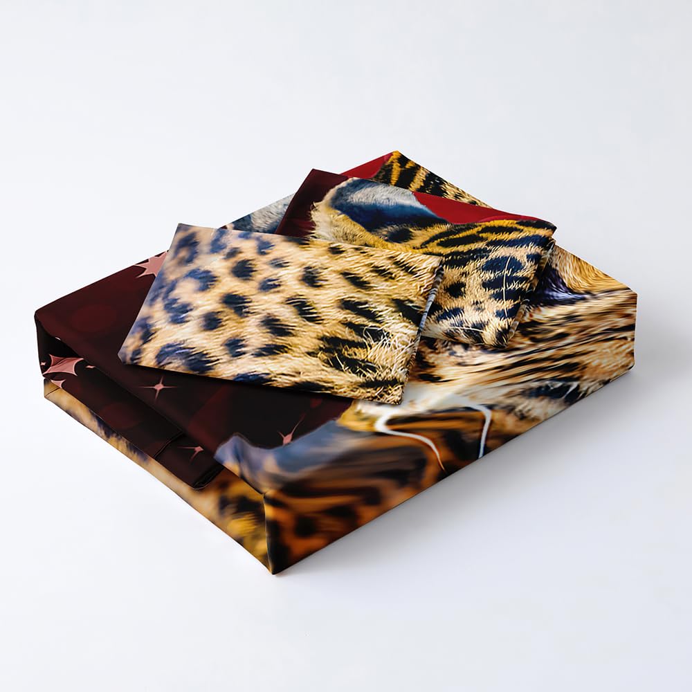 Holiyjog Animal and Red Roses King Size Duvet Cover Set Flowers Leopard Comforter-Cover and Pillowcases Black Background Cheetah Print Bedding Set Leopard Bedroom Decor