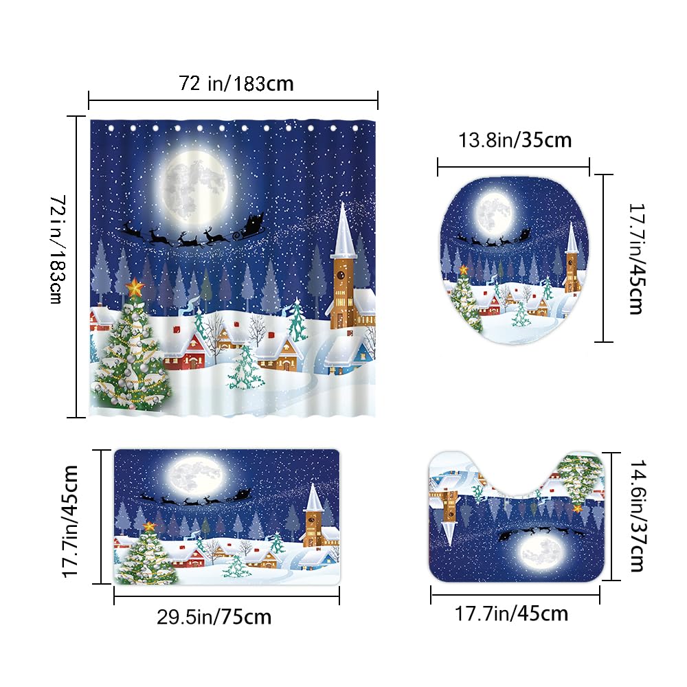 Czrqvyx 4PCS Christmas Holiday Winter Snowman Xmas Tree Santa Shower Curtain Blue Fabric Pine Moon Stars Snow Shower Curtain Christmas Bathroom Decor Curtain, 72Wx72H