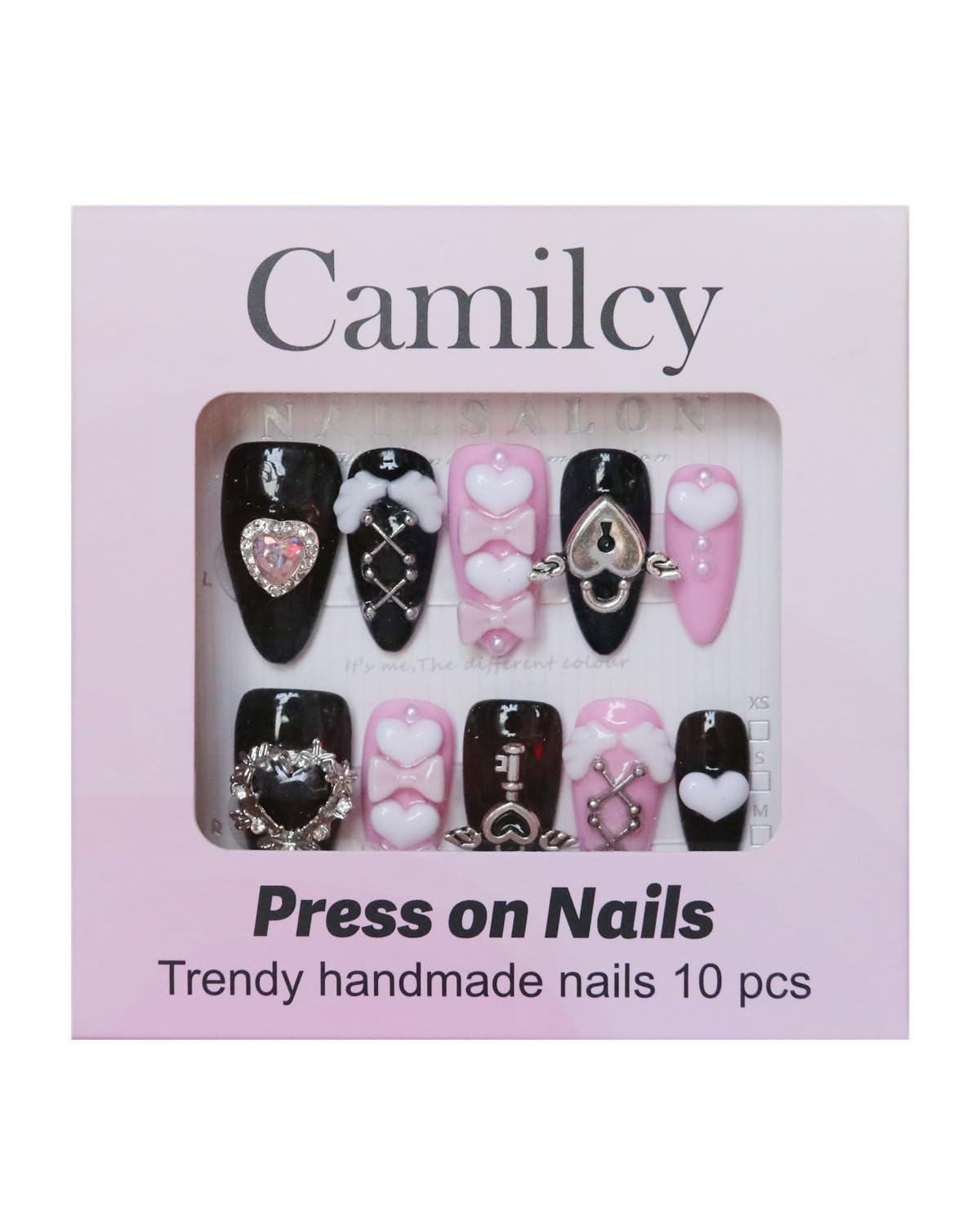 CAMILCY Luxury Handmade Press on Nails Pink Black Almond Short Gothic Heart Cross Charms Long Fake Nails Glossy Full Cover Reusable Acrylic Nail Tips for Women 10pcs (A080, M)