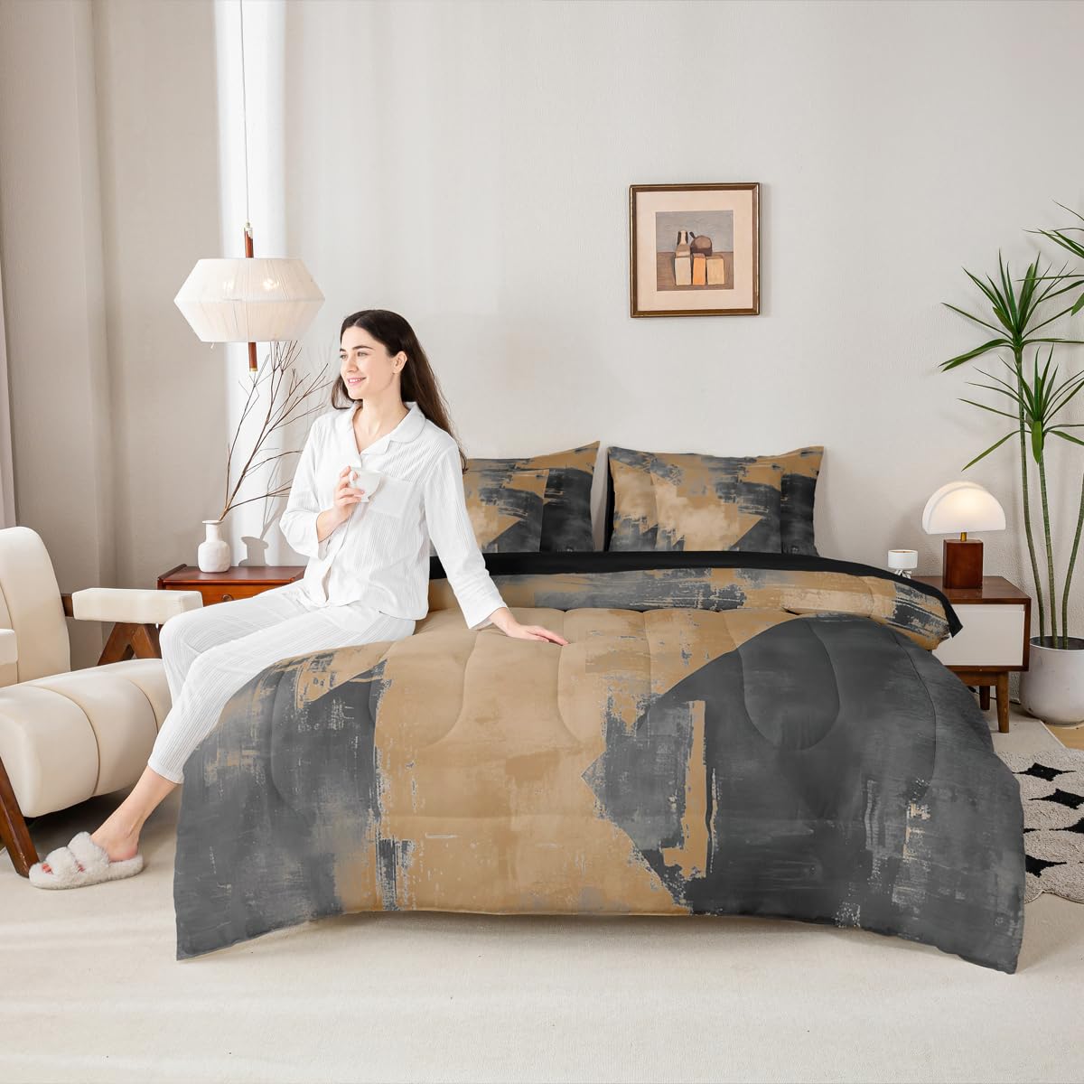 Feelyou Abstract Comforter Set With Sheets 7 Piece King Size Modern Abstract Art Bed in a Bag Kids Boys Girls Luxury Bedding Set Geometric Bedroom Decor Brownish Breathable Soft Lightweight Microfiber
