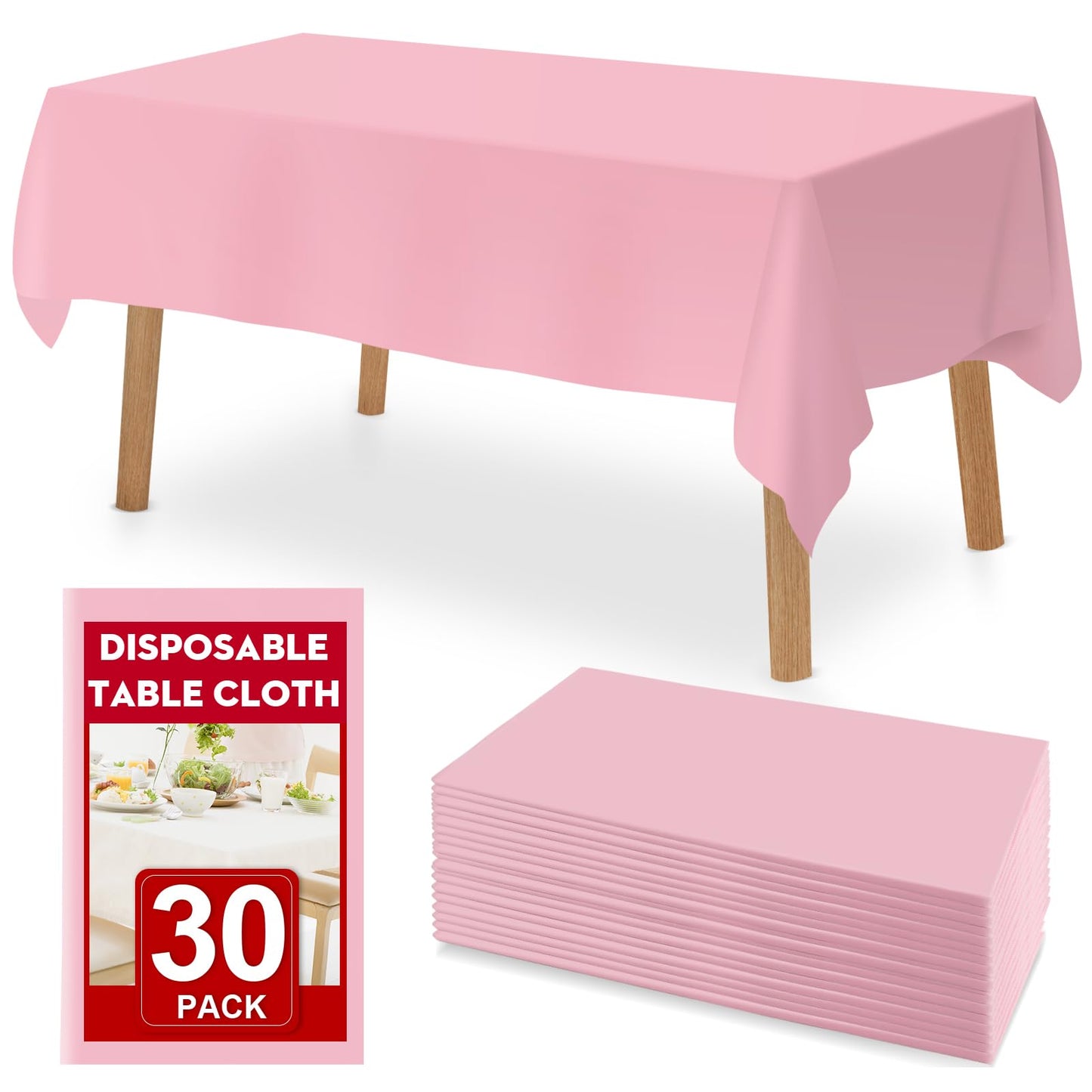 RowinsyDD 30 Pack Pink Plastic Table Cloths Disposable, 54 x 108 Inches Plastic Table Cover for Rectangle Tables, Disposable Tablecloth for Dinning, Parties, BBQ, Wedding, Outdoor