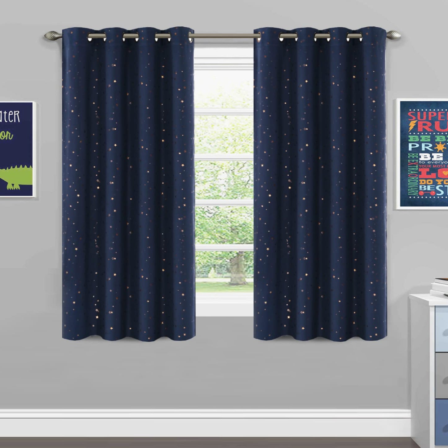 H.VERSAILTEX Blackout Star Curtains for Kids Room Boys Girls Twinkle Stars Thermal Insulated Cute Thick Soft Curtain Drapes, Grommet Top, 1 Panel, 52" W x 63" L, Navy/Bronze