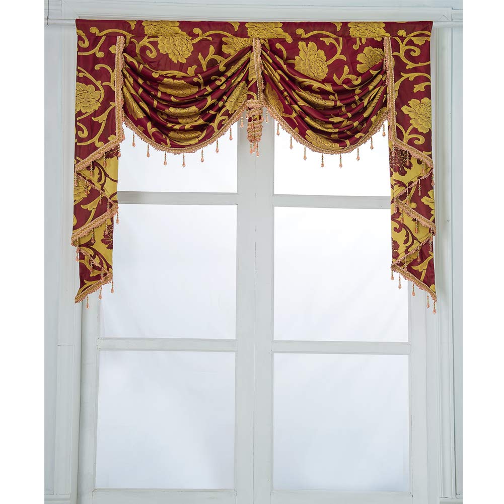 BOYOUTH Jacquard Swags Waterfall Curtain Valance,European Style Rod Pocket Top Valances for Living Room,Bedroom,Wine Red,59 Inches Width,1 Panel