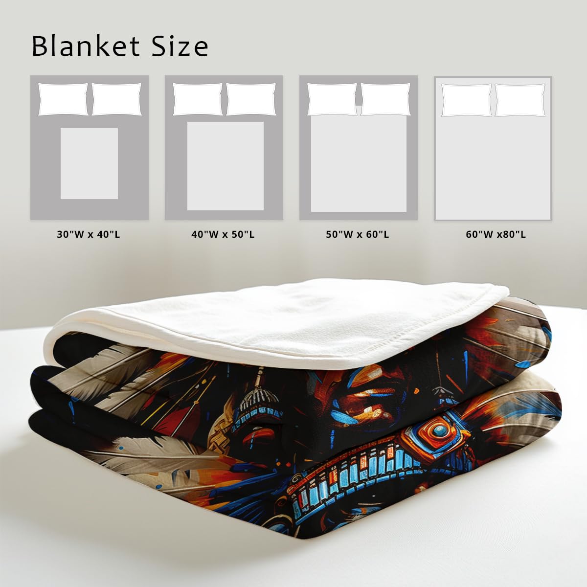 HUNXIAOJ Native American Flannel Blanket Indian Tribal Chief Print Blanket Throw for Couch Bed Soft Bedding Decor Native American Gifts for Boys Men Adults (49"x59")