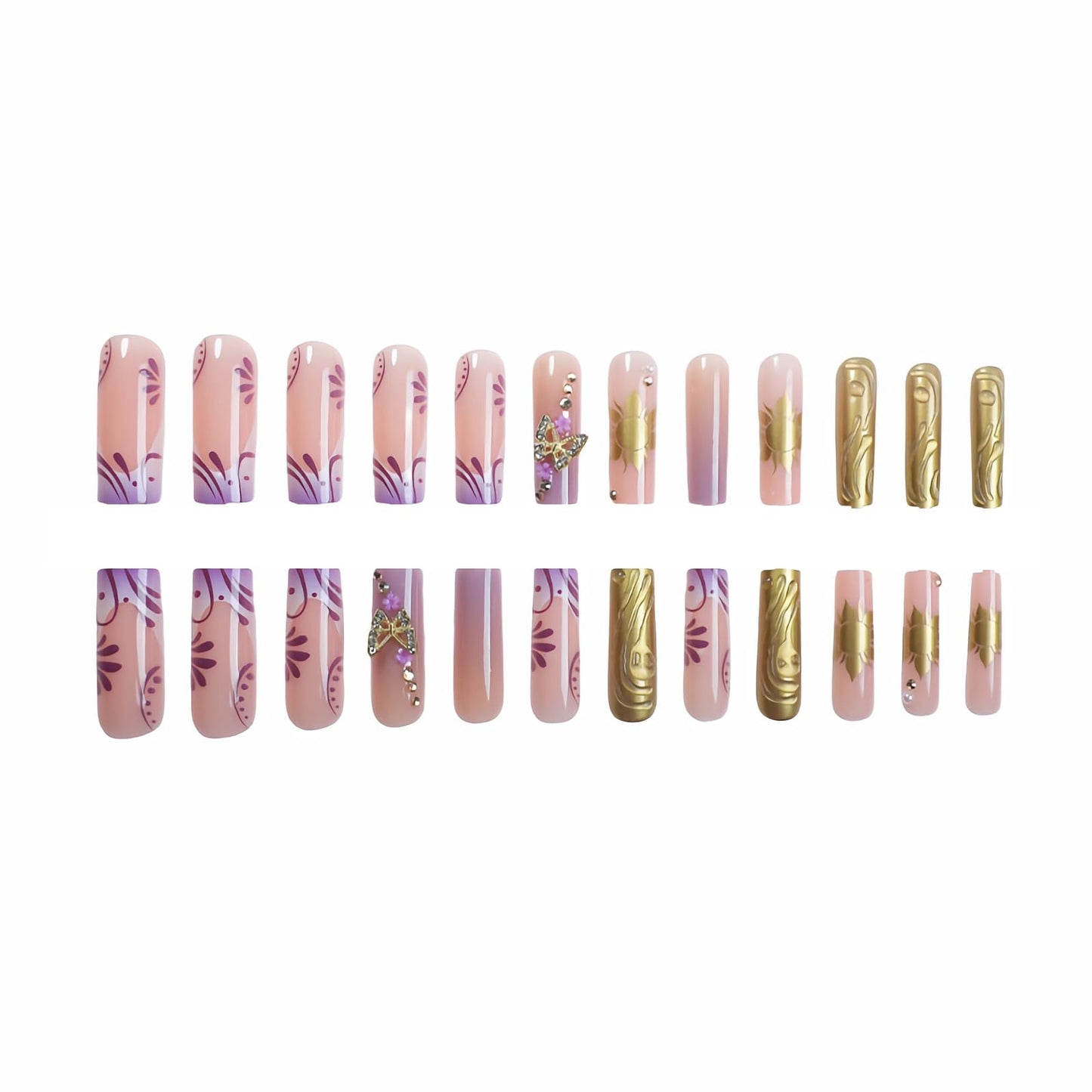 MERVF Press on Nails Long Square Purple Ombre French Tip Fake Nails Glue ons Acrylic Nail Gold Sun Luxury 3D Butterfly Design Handmade Glossy 24pcs