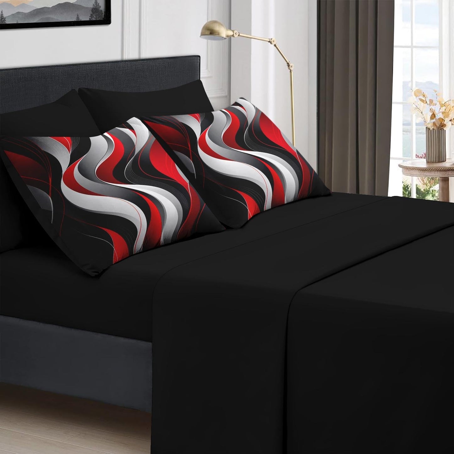 Boewywh Comforter Set Twin Size Abstract Modern Red 7 Pcs, Bedding for Kids and Adults, Black White Bed Sheet Sets with Fitted Sheet 2 Pillowcases & 2 Shams for Bedroom Bed Decor