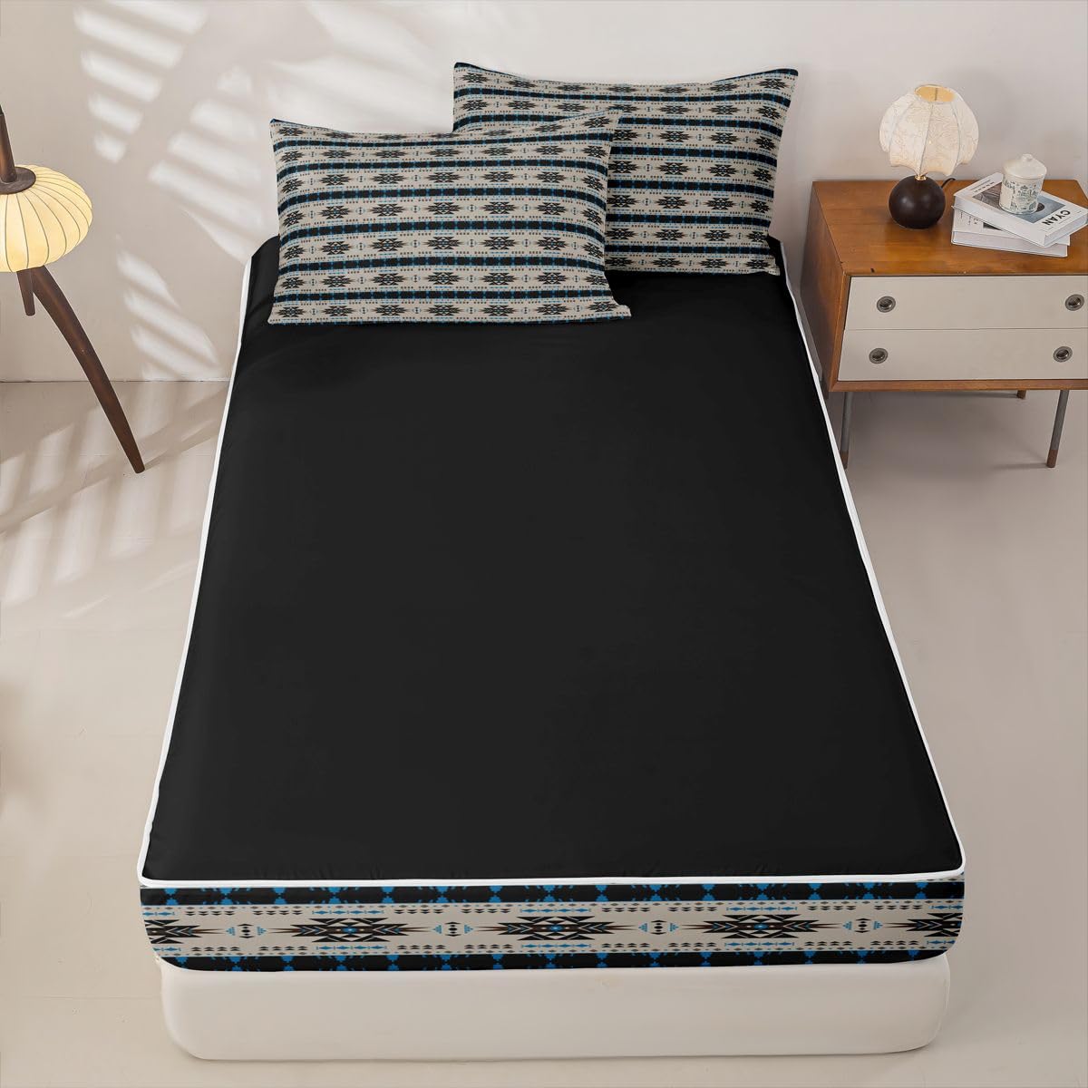 Western Zipper Bedding Set Queen Zip Up Bedding Ethnic Tribal Arrow Comforter Set with Sheets for Boys,Vintage Exotic Geometric Triangle Bed in a Bag African Indian Tribal Sriped Bed Sets Brown Blue