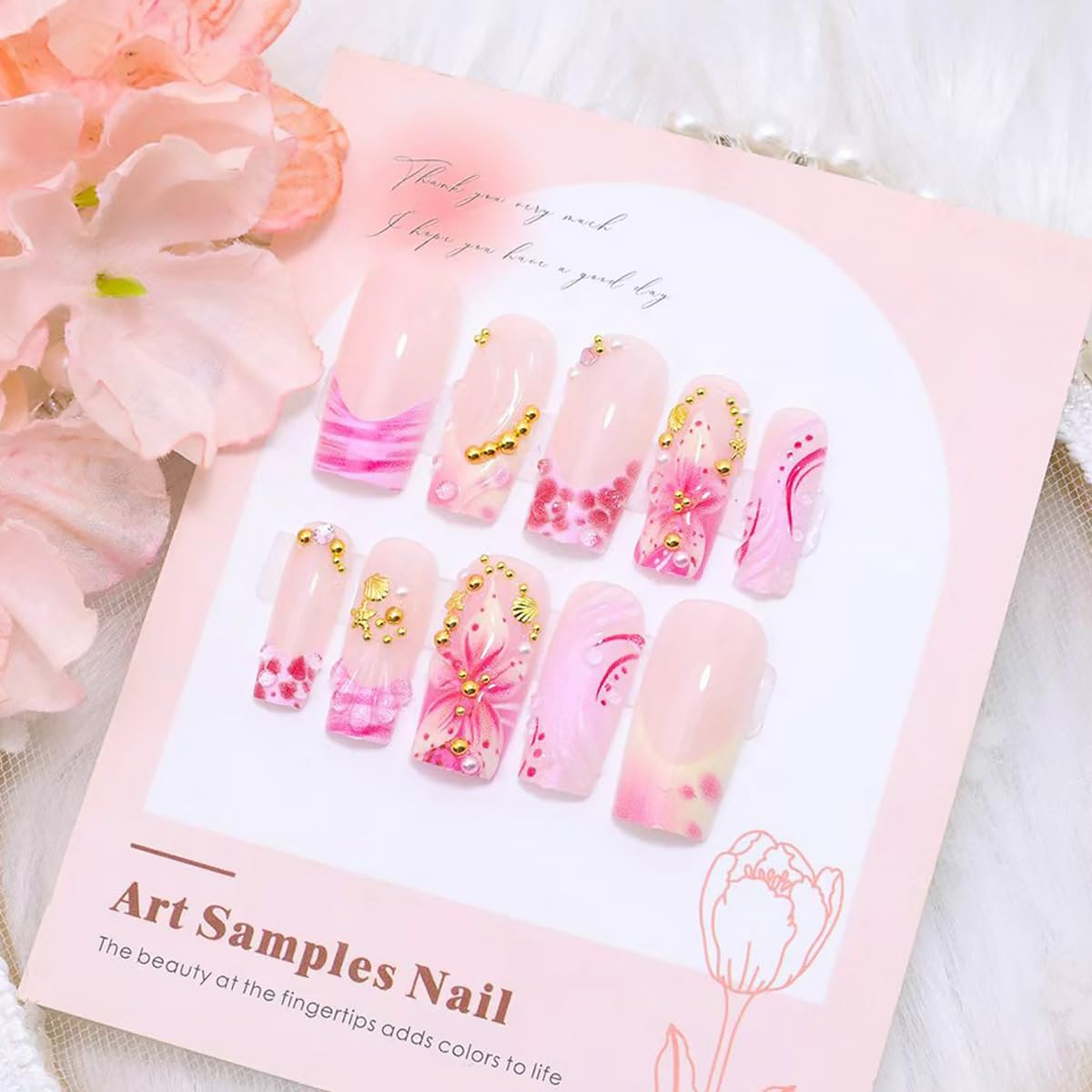 24Pcs Pink Flower Press on Nails Medium Square French Tip Fake Nails with 3D Gold Rhinestones Design Glitter False Nails Nude Full Cover Artificial Glue on Nails Spring Summer Stick on Nails for Women