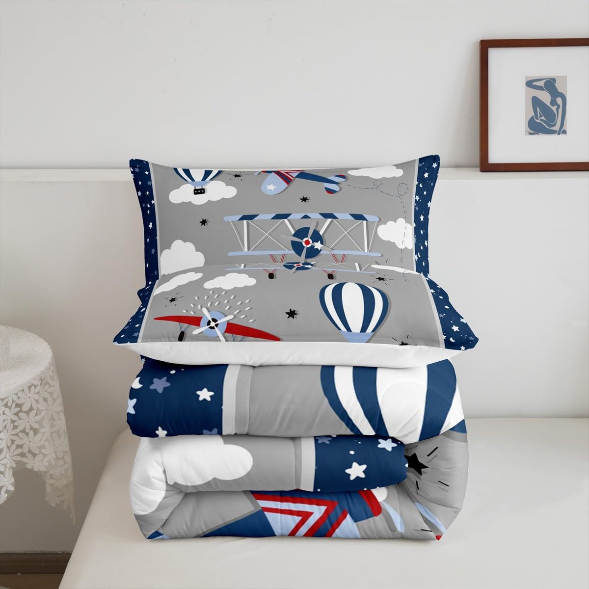 Airplane Bedding Set Twin Size for Kids Boys Bedroom Decor,Cartoon Aircraft Comforter Sets Teens Quilts Hot Air Balloon Cloud Starry Moon Bedding Chic Grey Navy Blue Duvet Insert,1 Pillowcase